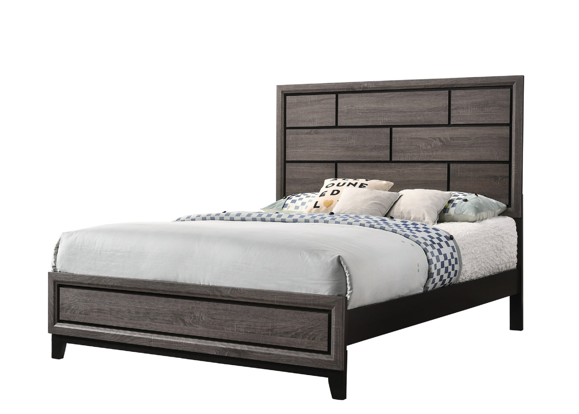 Cotemporary Gray Finish Queen Size Panel Low Profile Bed Geometric Design Wooden Bedroom Furniture Brown Gray Wood