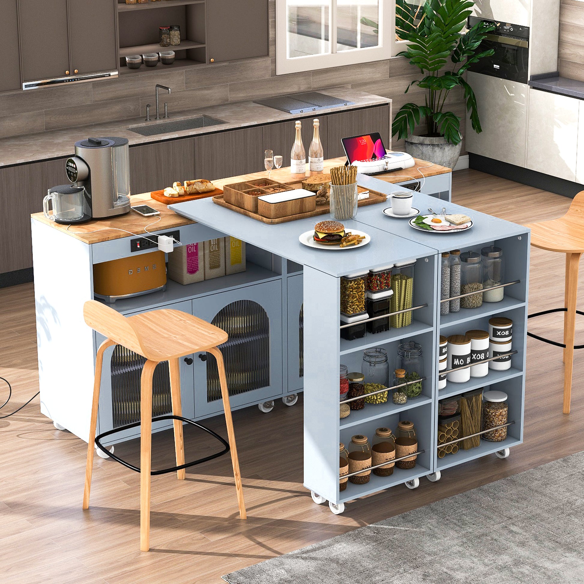 K&K Rolling Kitchen Island With Extended Table, Kitchen Island On Wheels With Led Lights,Power Outlets And 2 Fluted Glass Doors, Kitchen Island With A Storage Compartment And Side 3 Open Shelves, Grey Grey Blue Kitchen Classic,European,Modern Rectangular