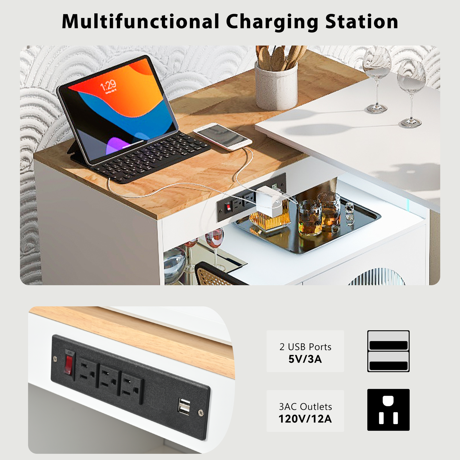 K&K Rolling Kitchen Island With Extended Table, Kitchen Island On Wheels With Led Lights,Power Outlets And 2 Fluted Glass Doors, Kitchen Island With A Storage Compartment And Side 3 Open