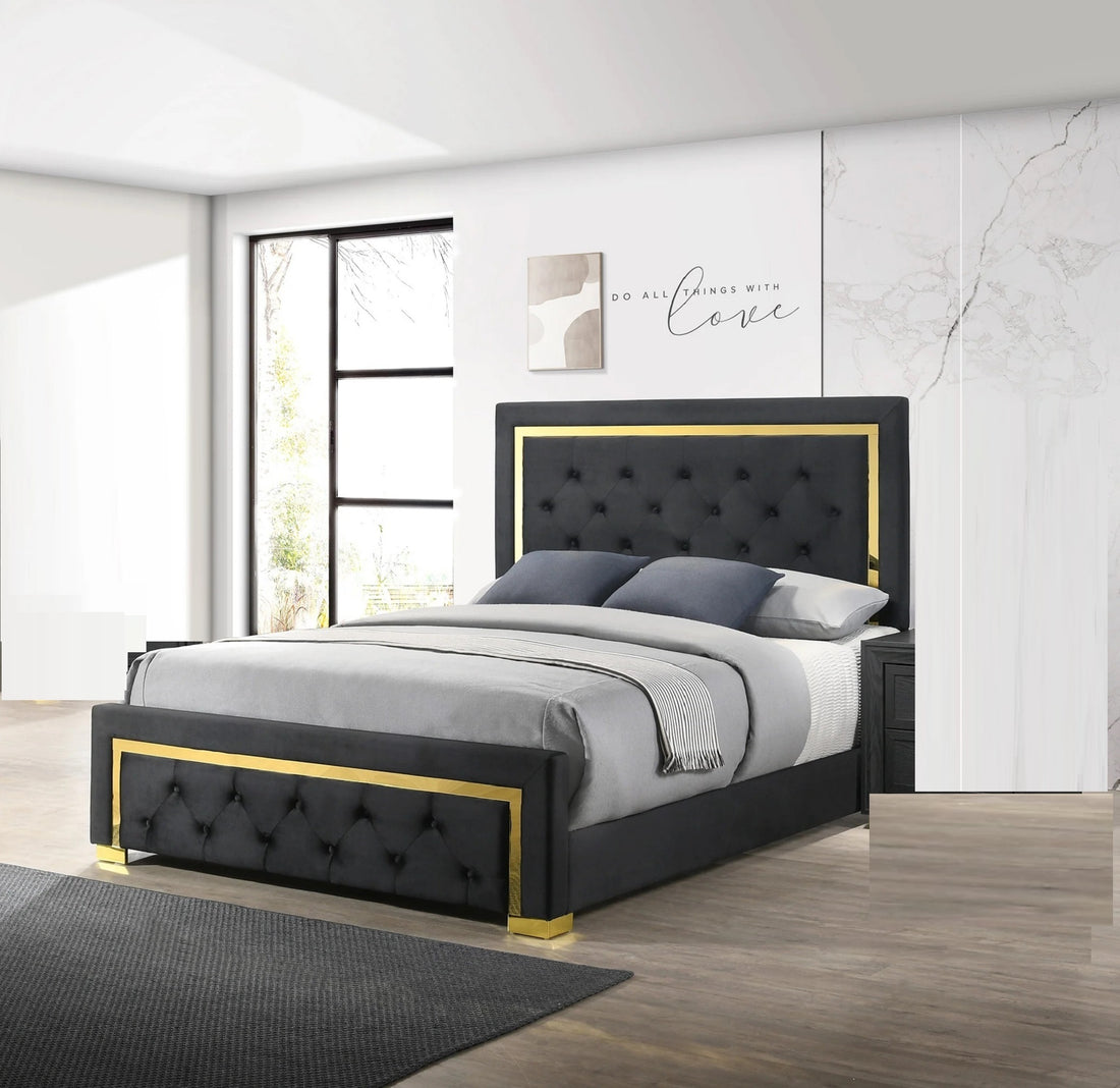 Contemporary Glam King Black Fabric Upholstered Panel 1Pc Queen Bed Black Fabric Gold Legs Bedroom Furniture Black Wood Fabric