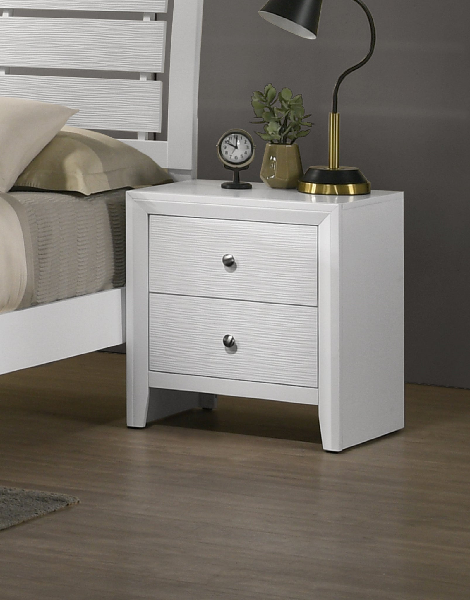 Contemporary Modern Look 2 Drawer Nightstand End Table White Finish Two Storage Drawers Round Knobs Bedroom Living Room Wooden Furniture White Wood