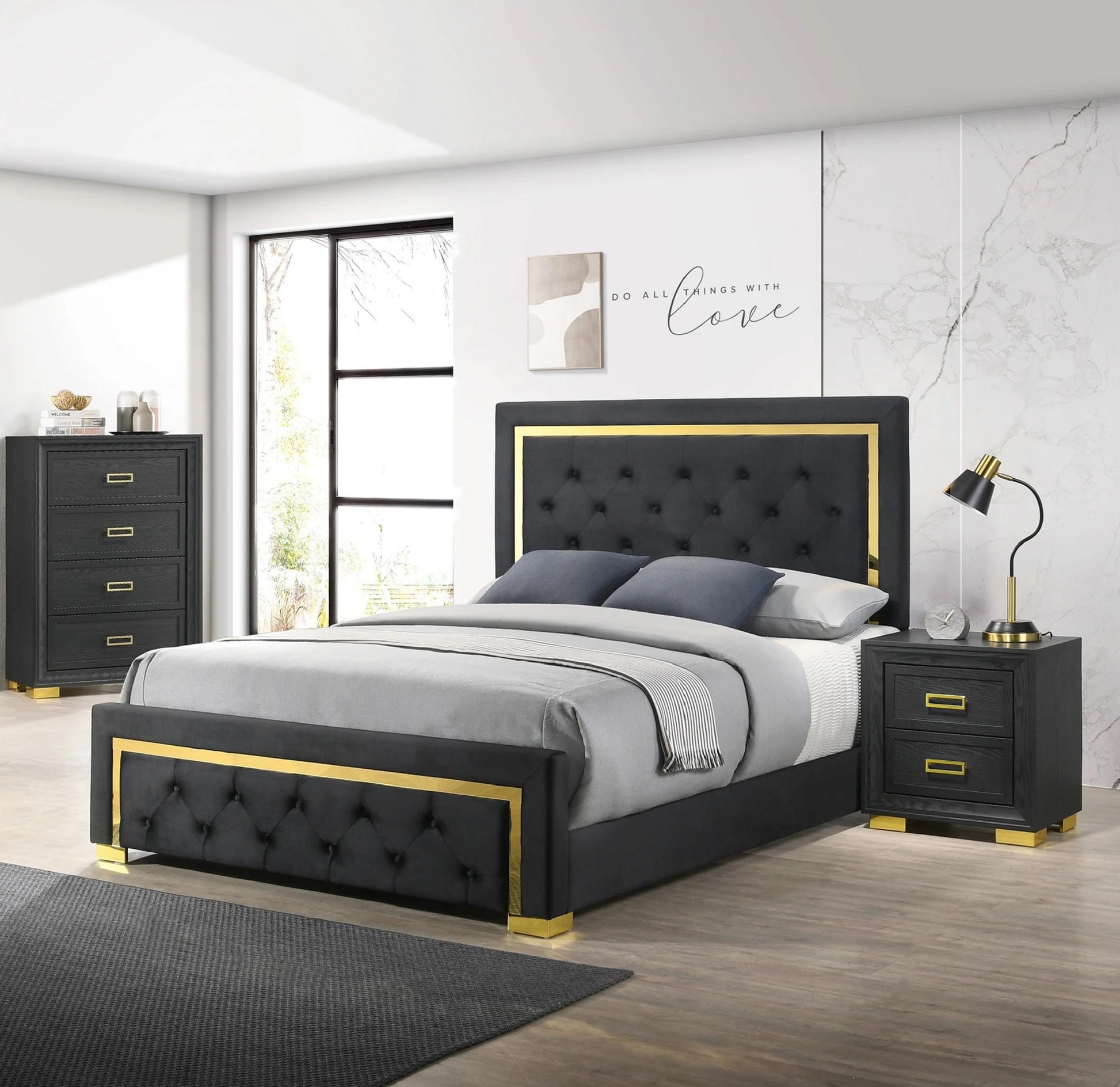 Contemporary Glam Queen Black Fabric Upholstered Panel 1Pc Queen Bed Black Fabric Gold Legs Bedroom Furniture Black Wood Fabric