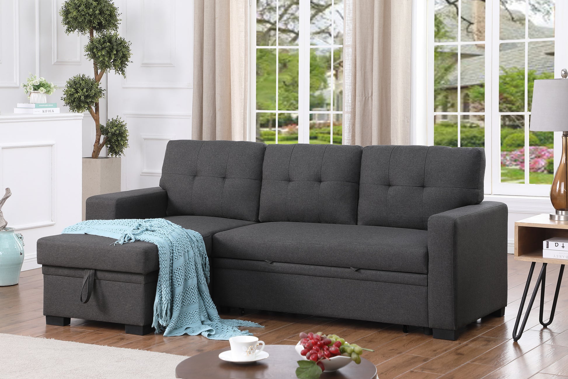 3 Piece Upholstered Sectional Dark Gray Foam Linen