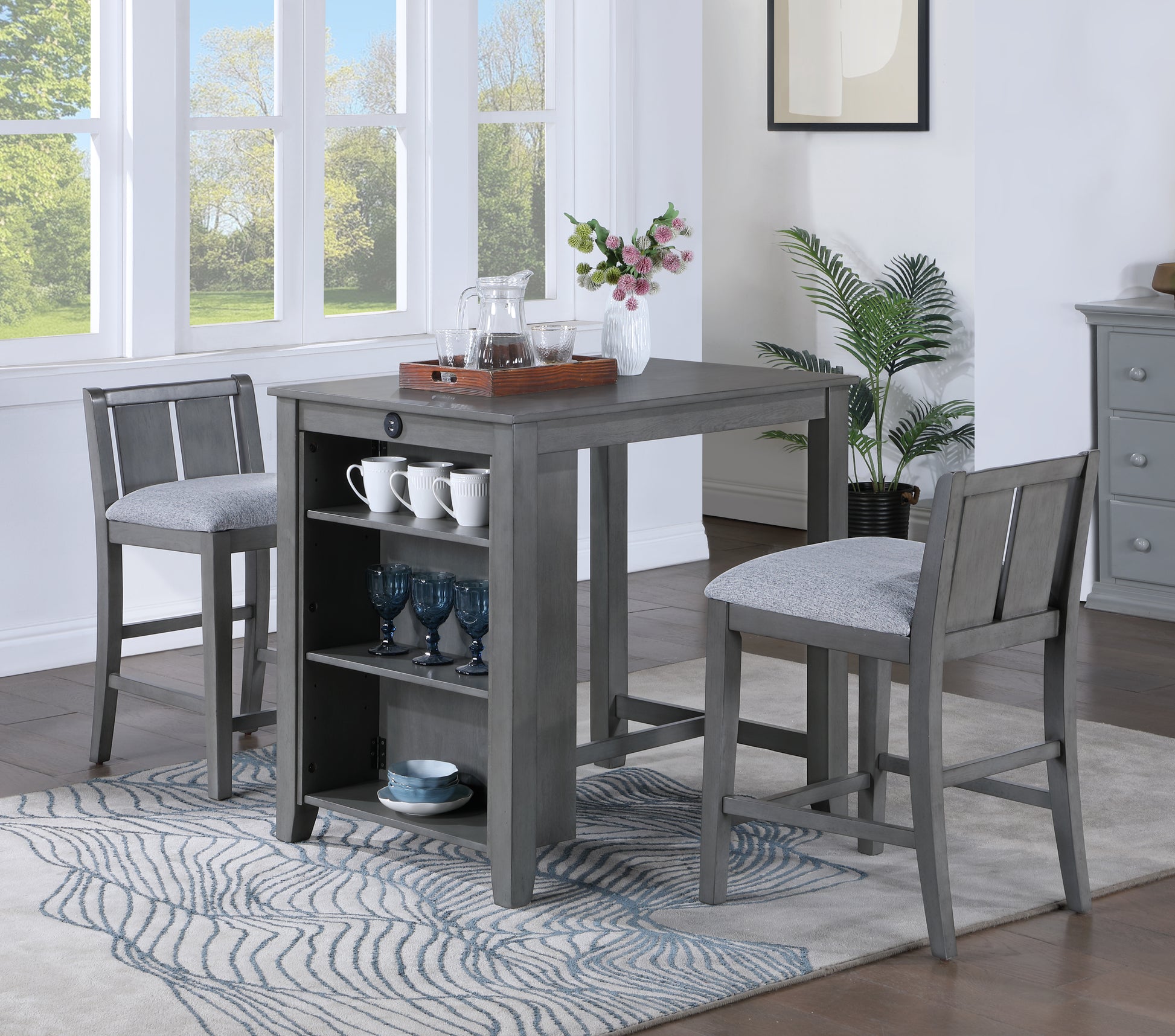 Graham 36" 3 Piece Gray Finish Small Space Counter Height Dining Table With Shelves And 2 Chairs Gray Wood Fabric