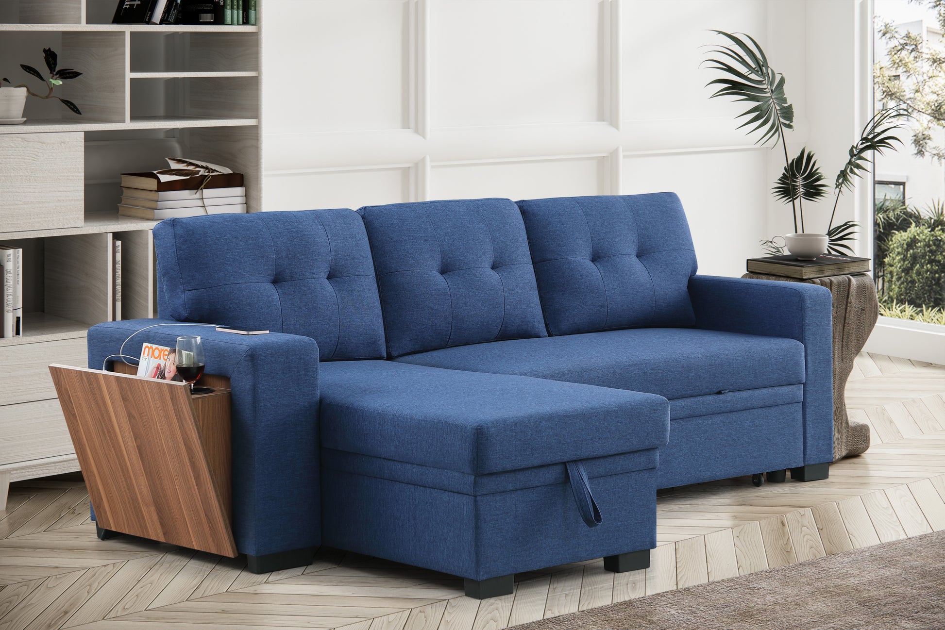 3 Piece Upholstered Sectional Blue Foam Linen 3 Seat