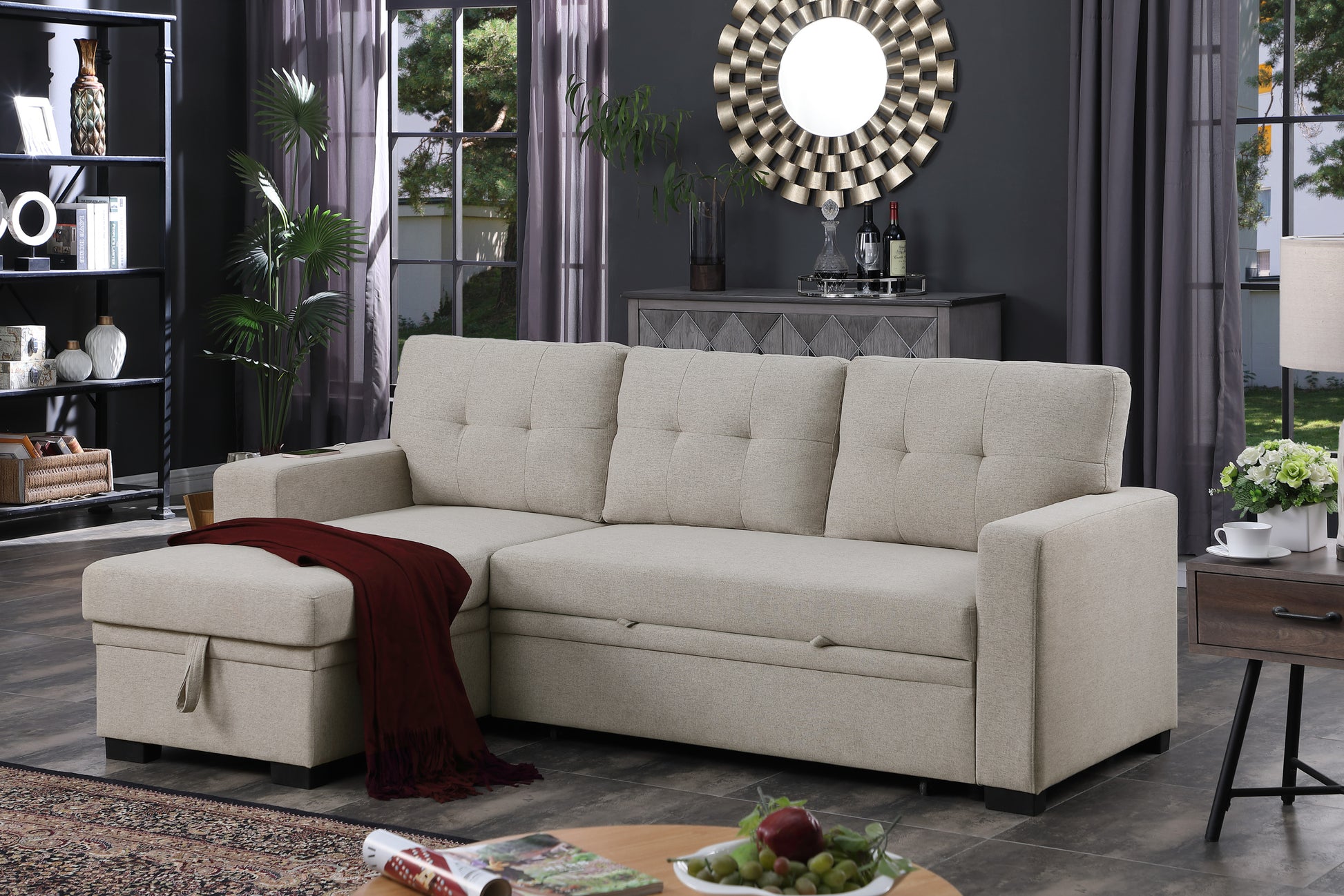 3 Piece Upholstered Sectional Light Gray Foam Linen 3 Seat