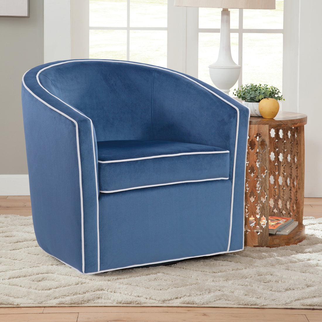 Kendall Blue Swivel Chair Blue Mid Century Modern Foam Velvet