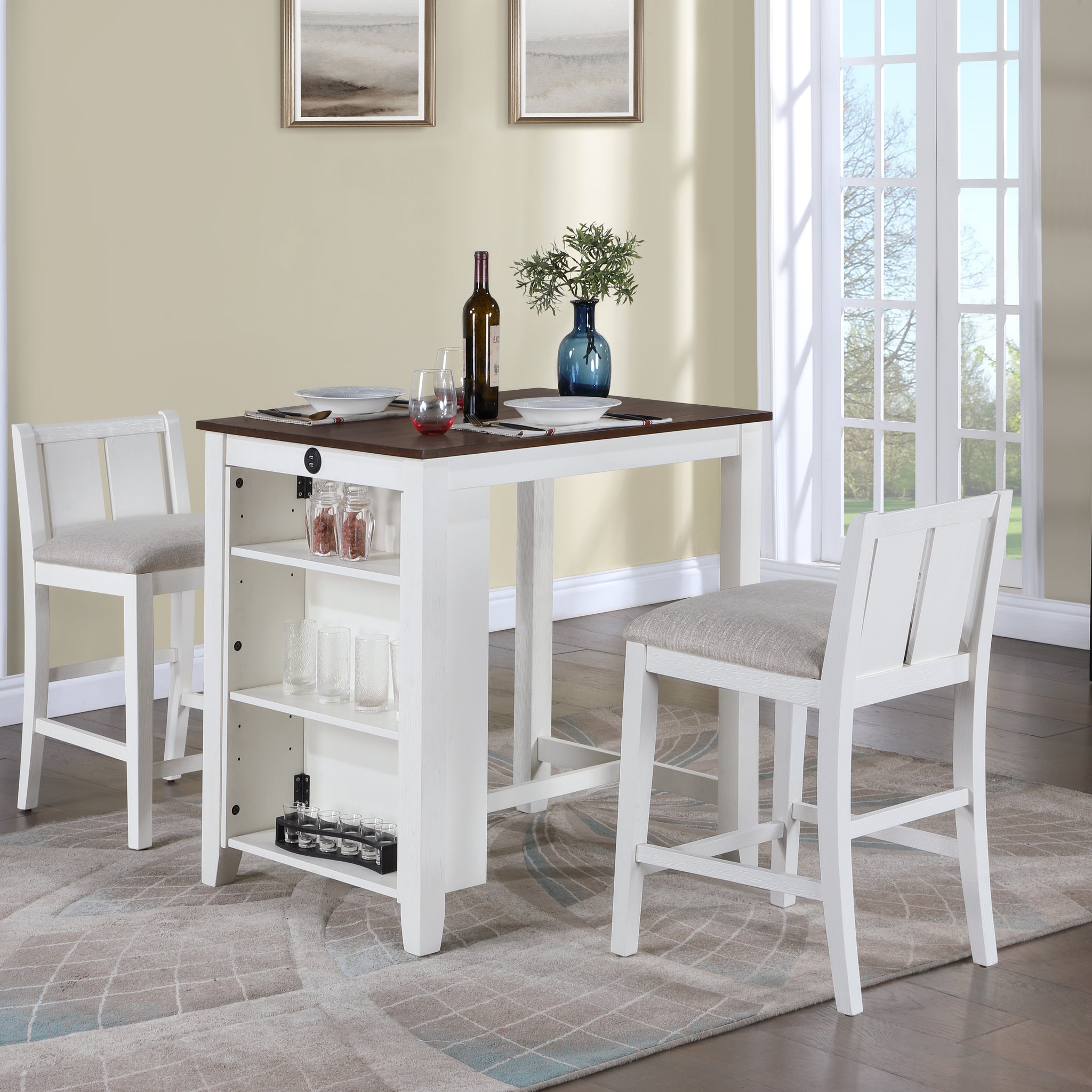 Graham 36" 3 Piece White Finish Small Space Counter Height Dining Table With Shelves And 2 Chairs White Wood Fabric