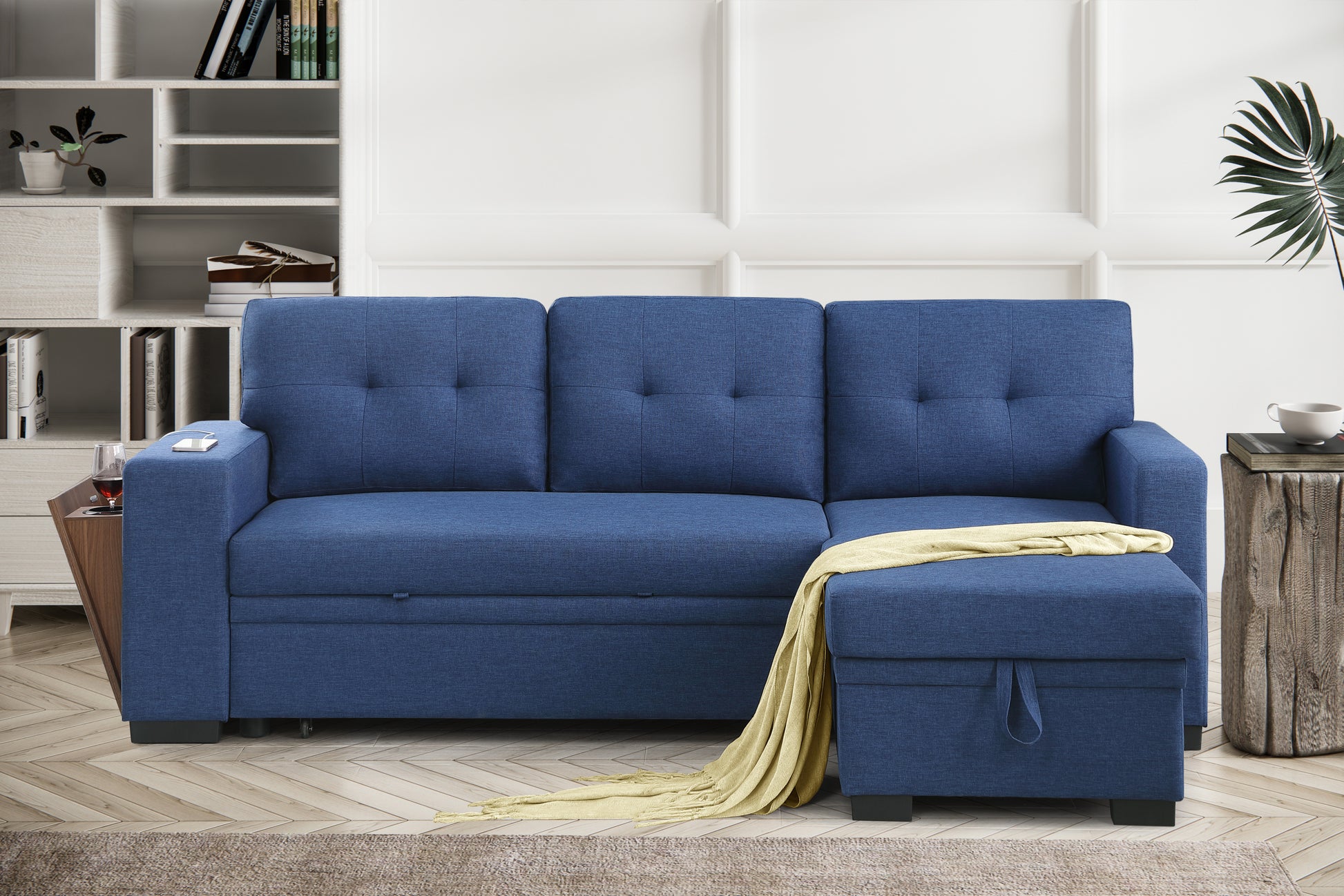 3 Piece Upholstered Sectional Blue Foam Linen 3 Seat