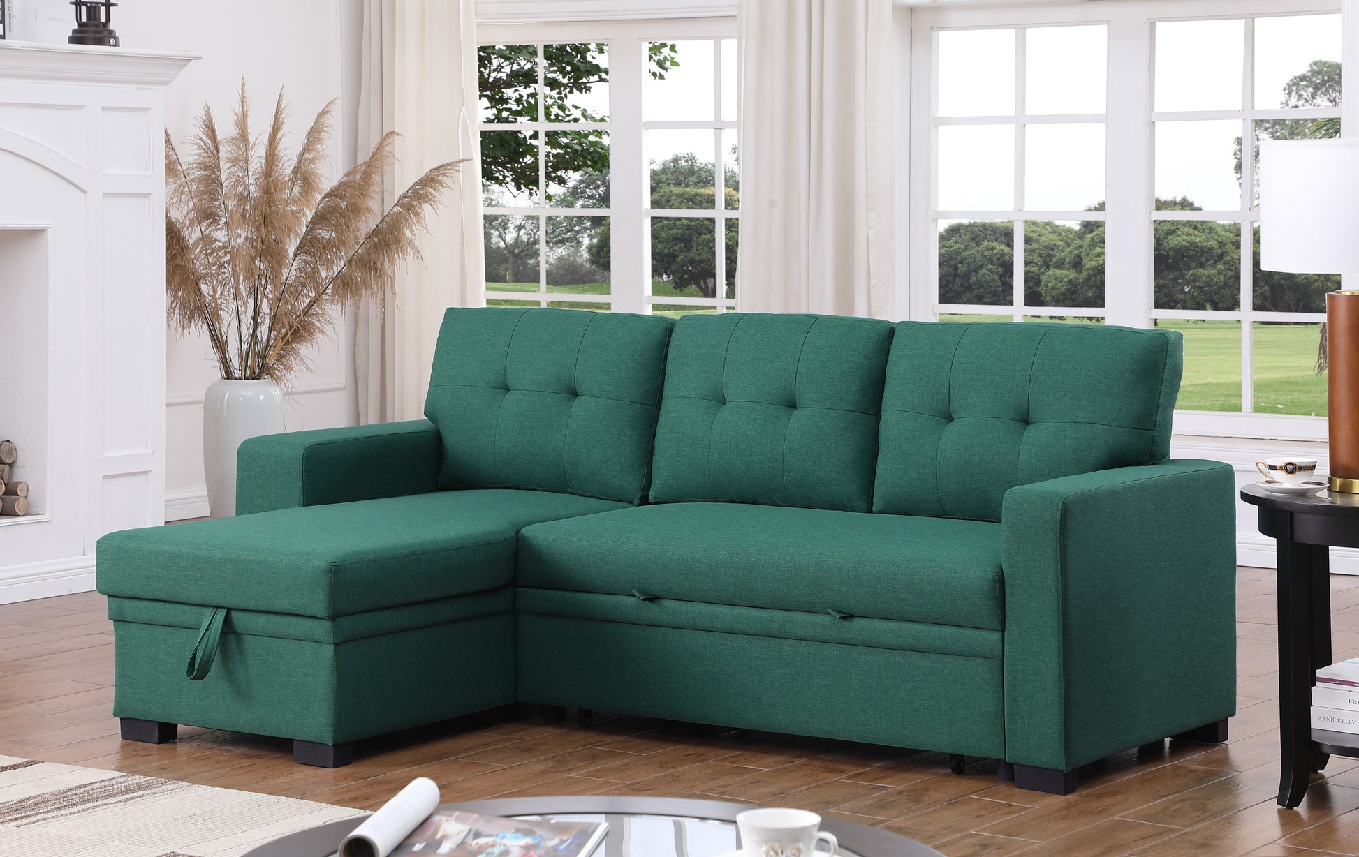 3 Piece Upholstered Sectional Green Foam Linen 3 Seat