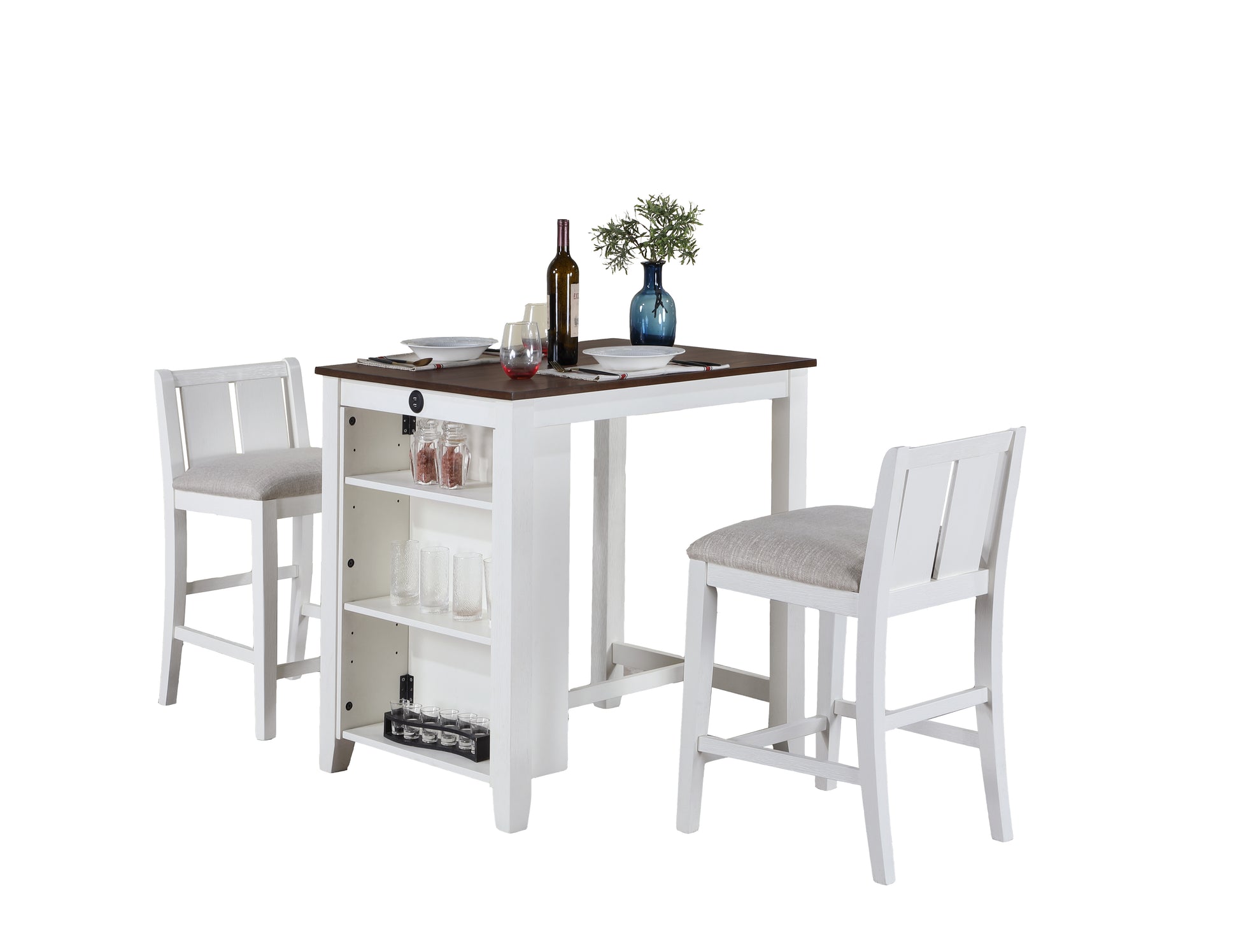 Graham 36" 3 Piece White Finish Small Space Counter Height Dining Table With Shelves And 2 Chairs White Wood Fabric