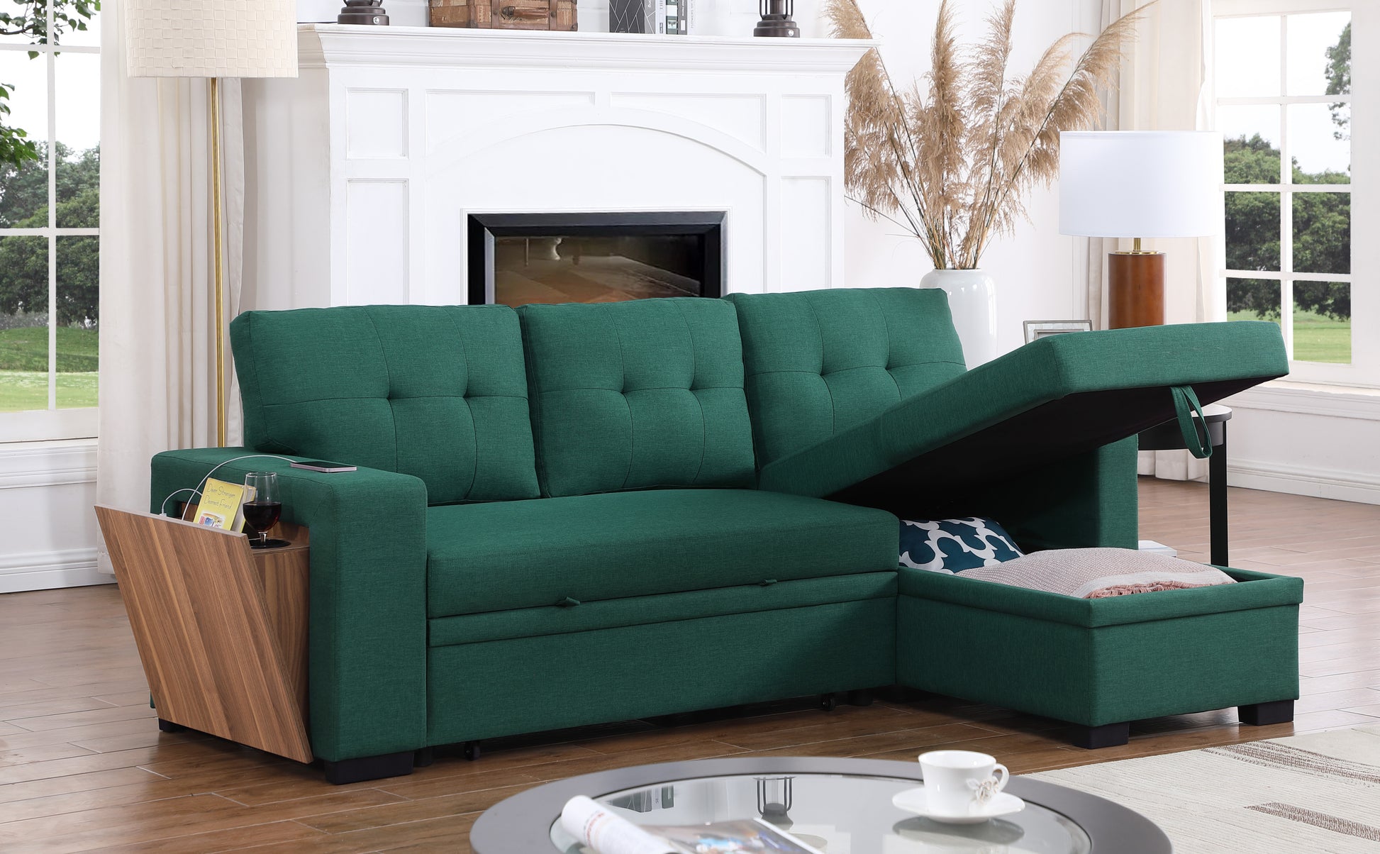 3 Piece Upholstered Sectional Green Foam Linen 3 Seat