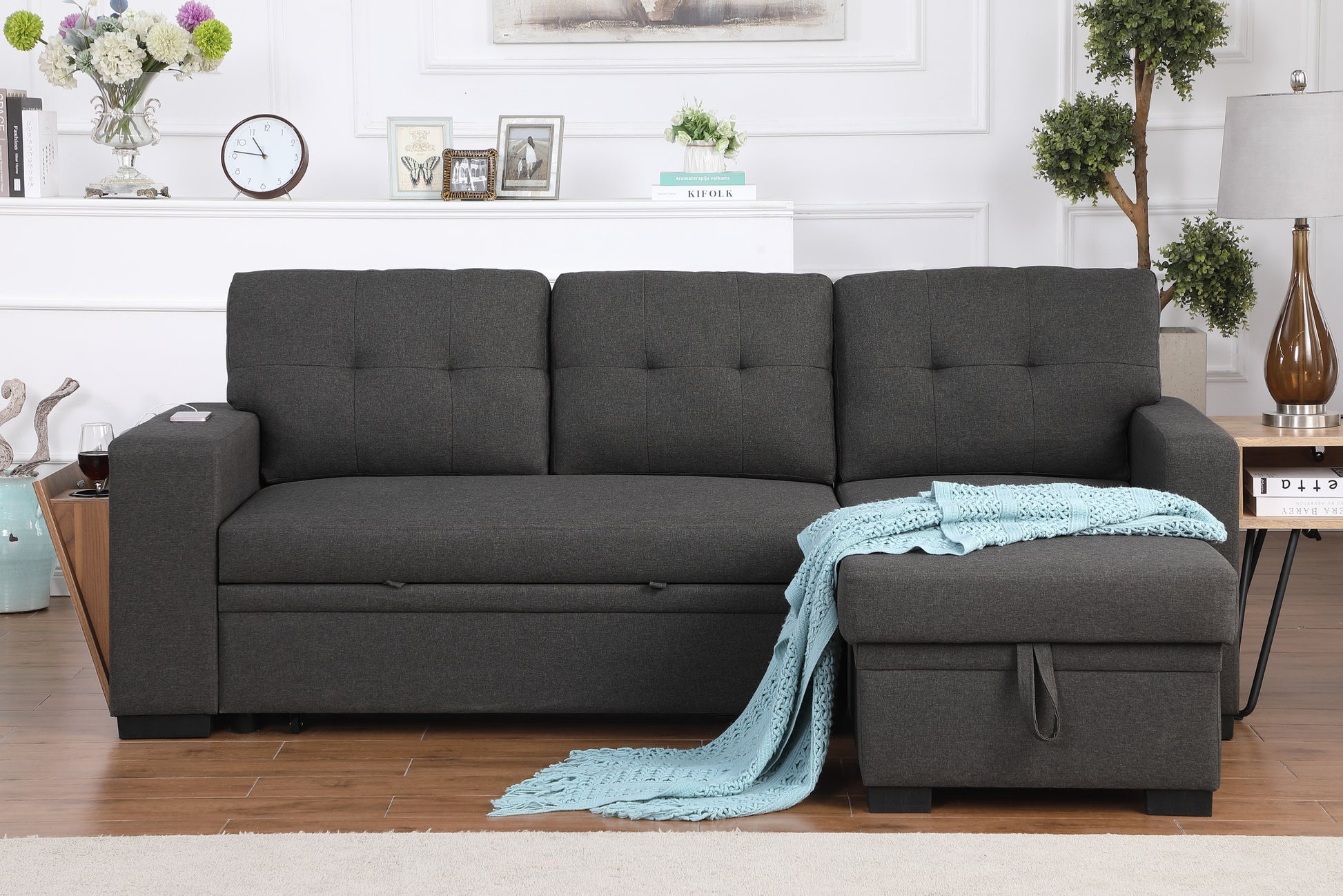 3 Piece Upholstered Sectional Dark Gray Foam Linen