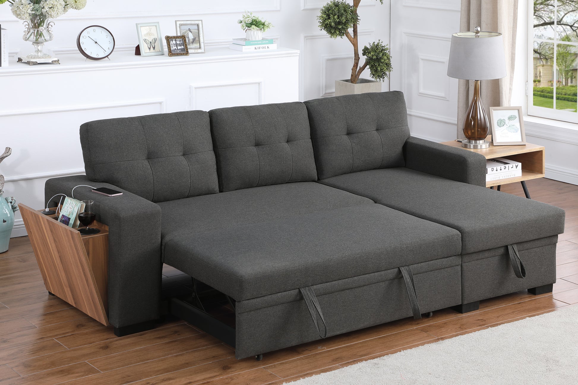 3 Piece Upholstered Sectional Dark Gray Foam Linen