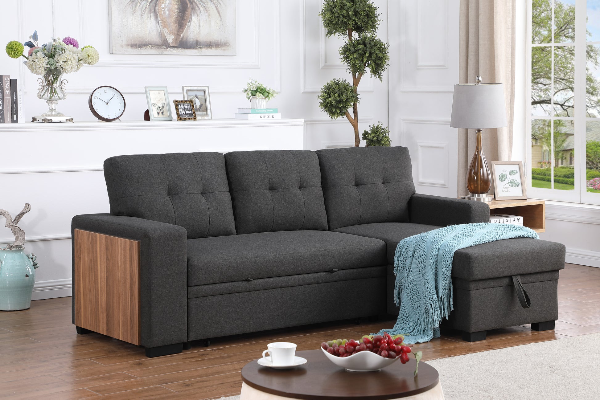 3 Piece Upholstered Sectional Dark Gray Foam Linen