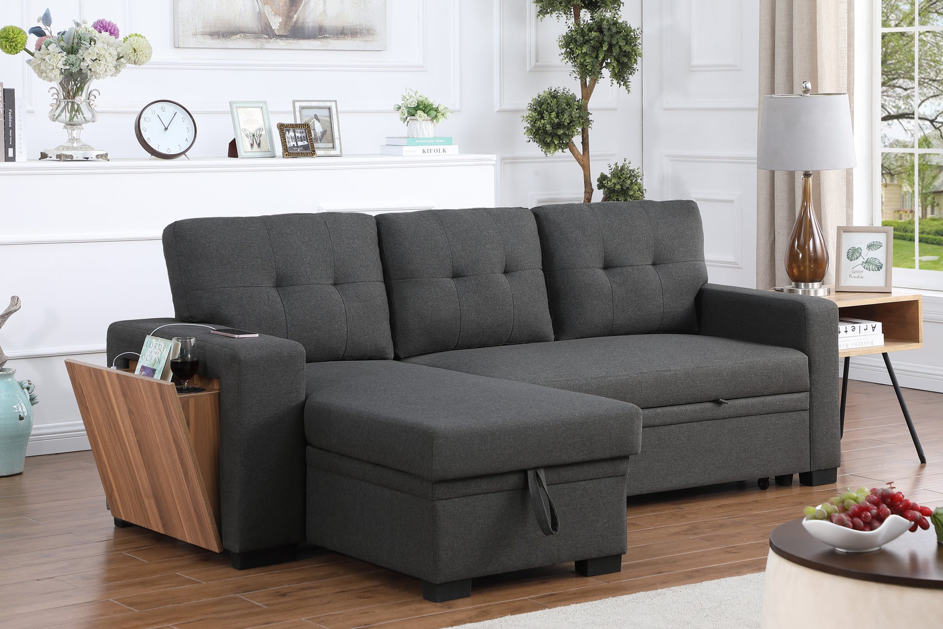 3 Piece Upholstered Sectional Dark Gray Foam Linen