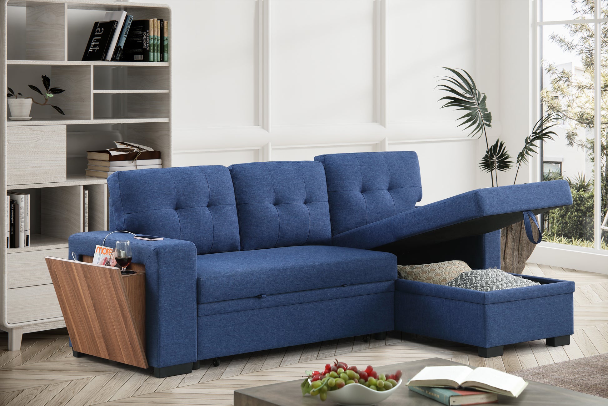 3 Piece Upholstered Sectional Blue Foam Linen 3 Seat