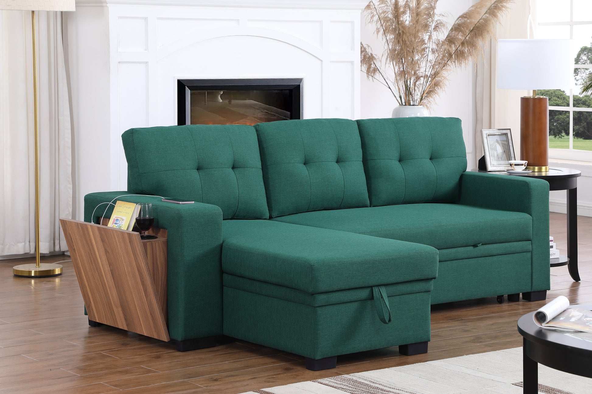 3 Piece Upholstered Sectional Green Foam Linen 3 Seat