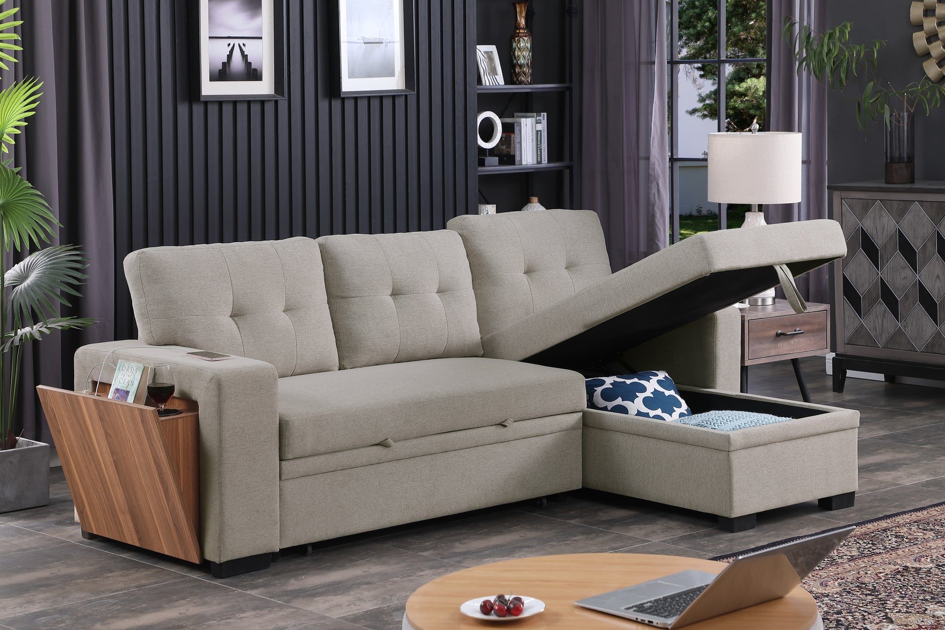 3 Piece Upholstered Sectional Light Gray Foam Linen 3 Seat