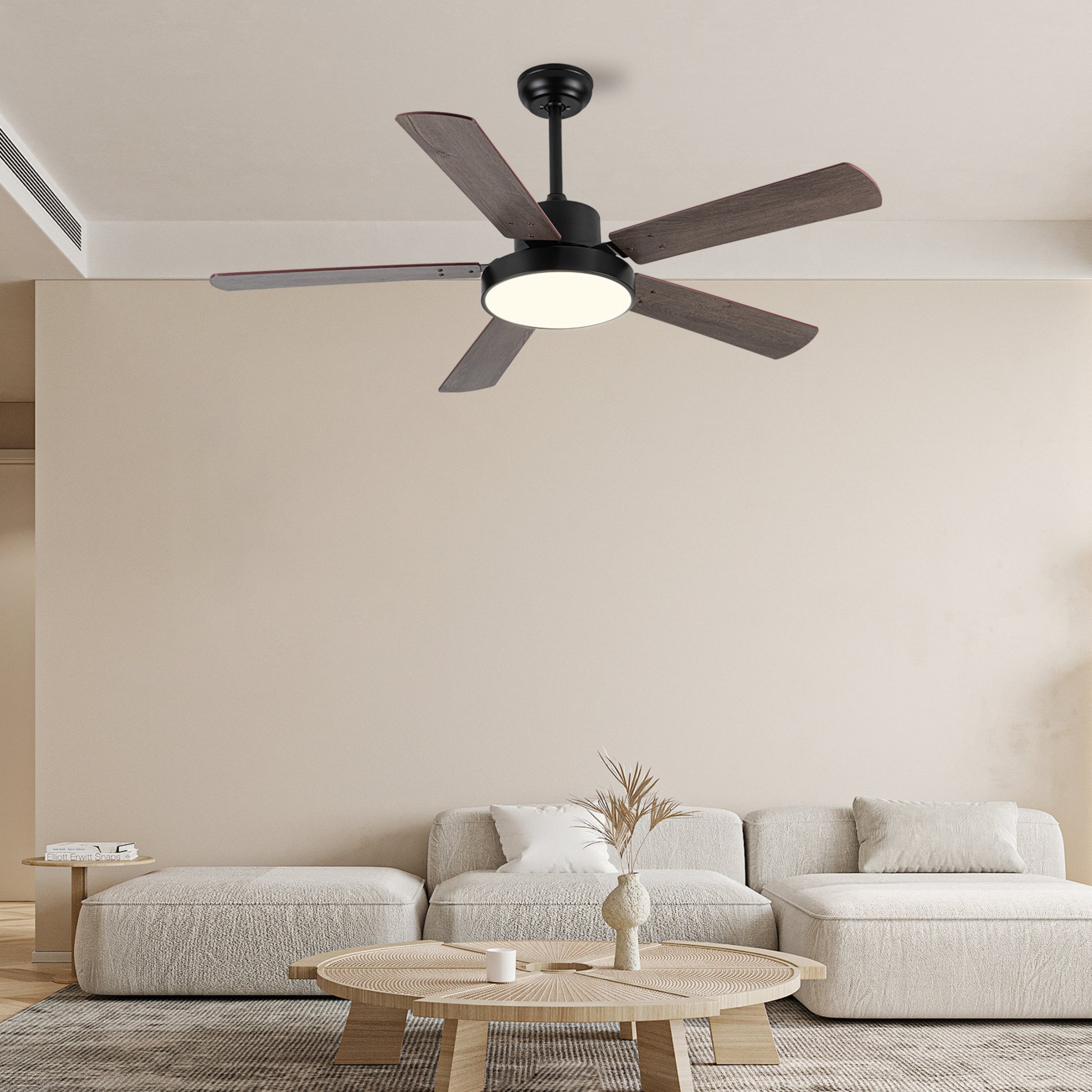 52 Inch Downrod Ceiling Fans With Lights And Remote Control, Modern Outdoor Indoor Wood And Dark 5 Blades Led Lights Smart Ceiling Fans For Bedroom, Living Room, And Patios Wood Wood Stainless Steel