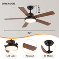 52 Inch Downrod Ceiling Fans With Lights And Remote Control, Modern Outdoor Indoor Wood And Dark 5 Blades Led Lights Smart Ceiling Fans For Bedroom, Living Room, And Patios Wood Wood Stainless Steel