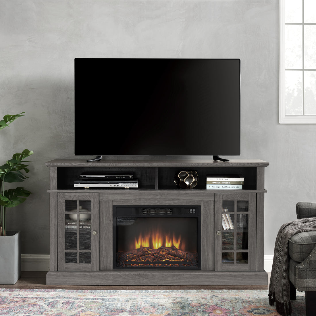 Classic Tv Media Stand Modern Entertainment Console With 23" Fireplace Insert For Tv Up To 65" With Open And Closed Storage Space, Dark Walnut Black, 58.25"W*15.75"D*32"H Black Dark Walnut Primary Living Space 60 69 Inches 60 69 Inches 65 Inches Mdf