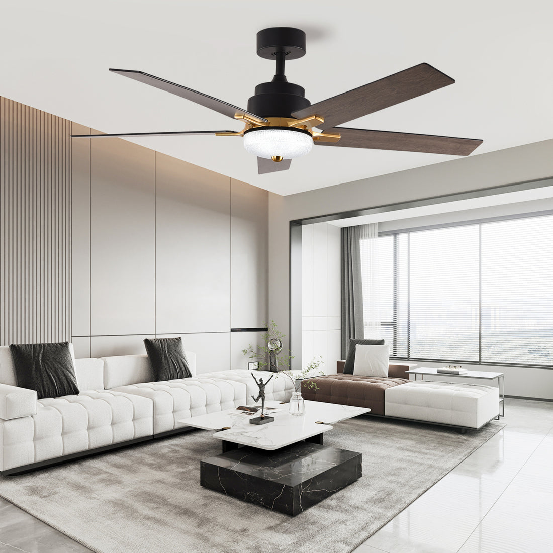 52 Inch Downrod Ceiling Fans With Lights And Remote Control, Modern Outdoor Indoor Black 5 Blades Led Lights Smart Ceiling Fans For Bedroom, Living Room, And Patios Set Of 2 Black Wood Stainless