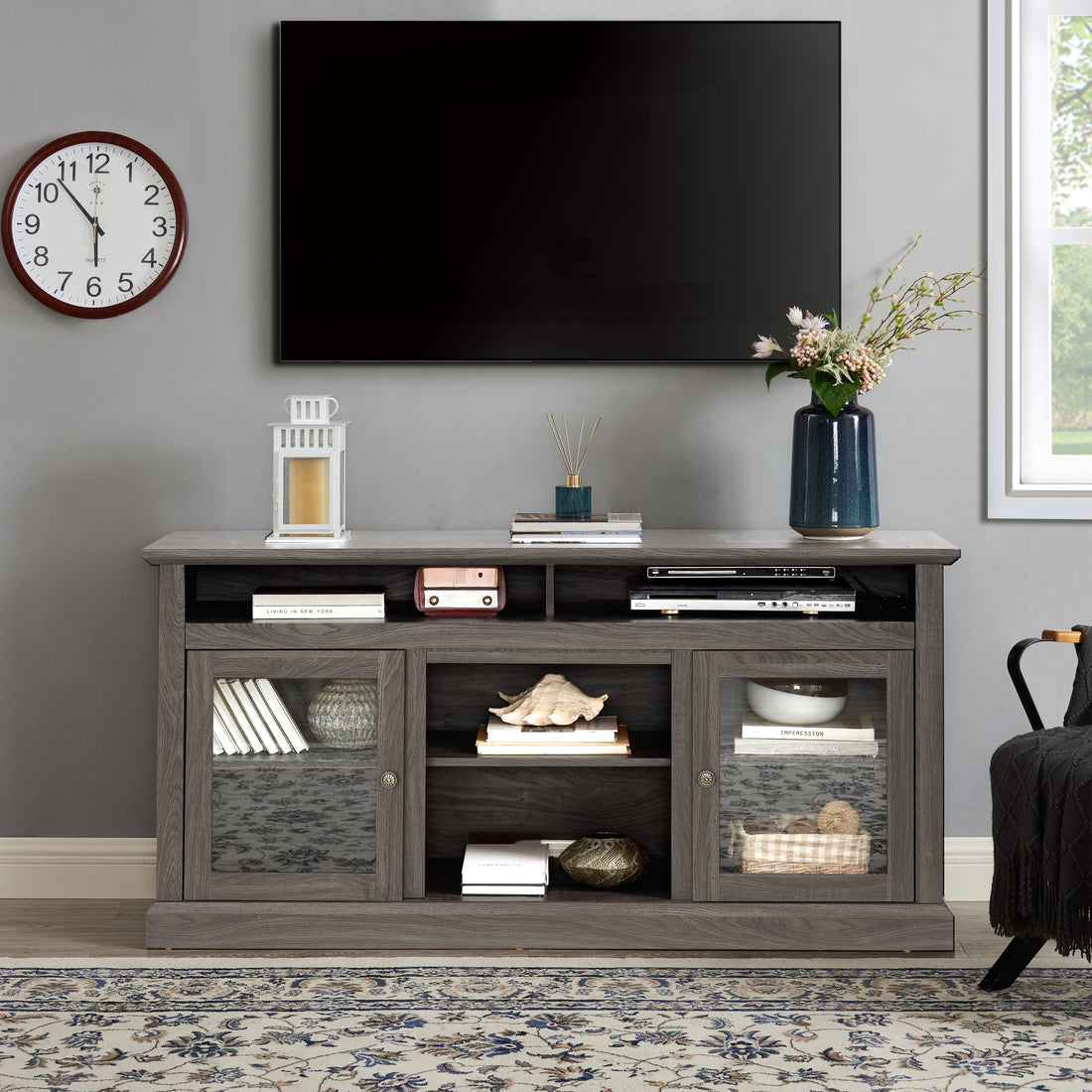 Contemporary Tv Media Stand Modern Entertainment Console For Tv Up To 65" With Open And Closed Storage Space, Dark Walnut Black, 60"W*15.75"D*29"H Black Dark Walnut Primary Living Space 60 69 Inches 60 69 Inches 65 Inches Mdf