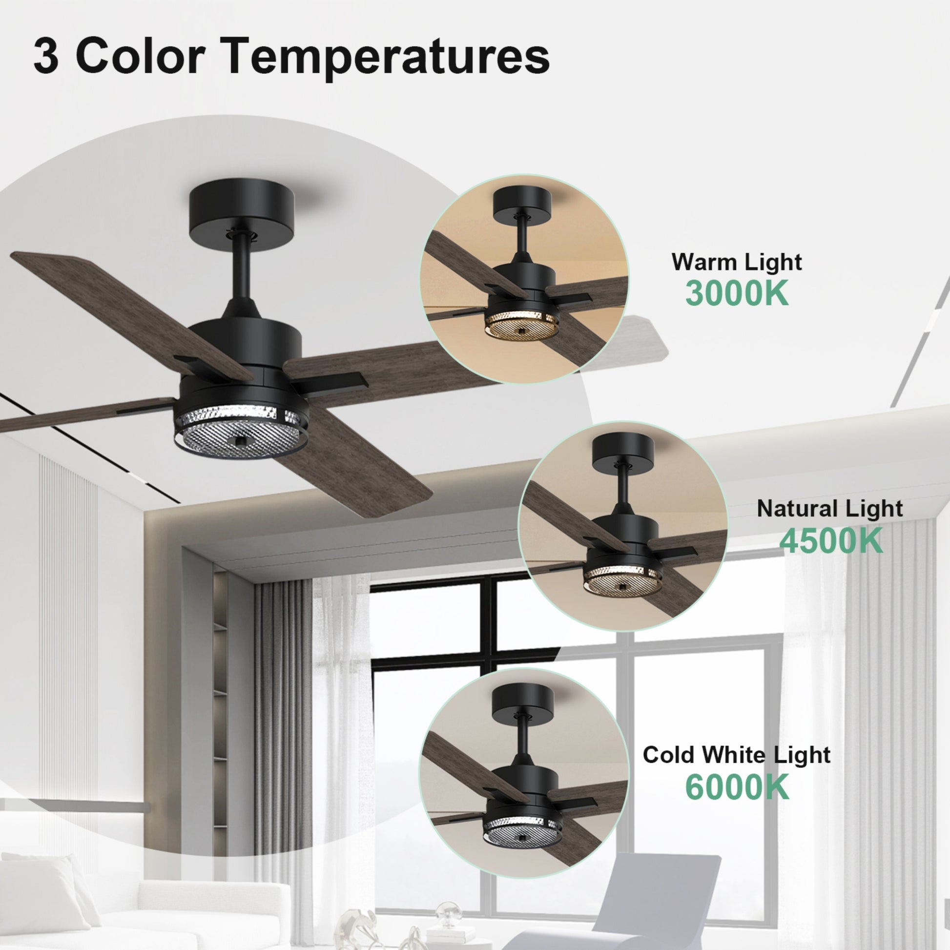 46 Inch Downrod Ceiling Fans With Lights And Remote Control, Modern Outdoor Indoor Dark 4 Blades Led Lights Smart Ceiling Fans For Bedroom, Living Room, And Patios Brown Black Wood Stainless Steel