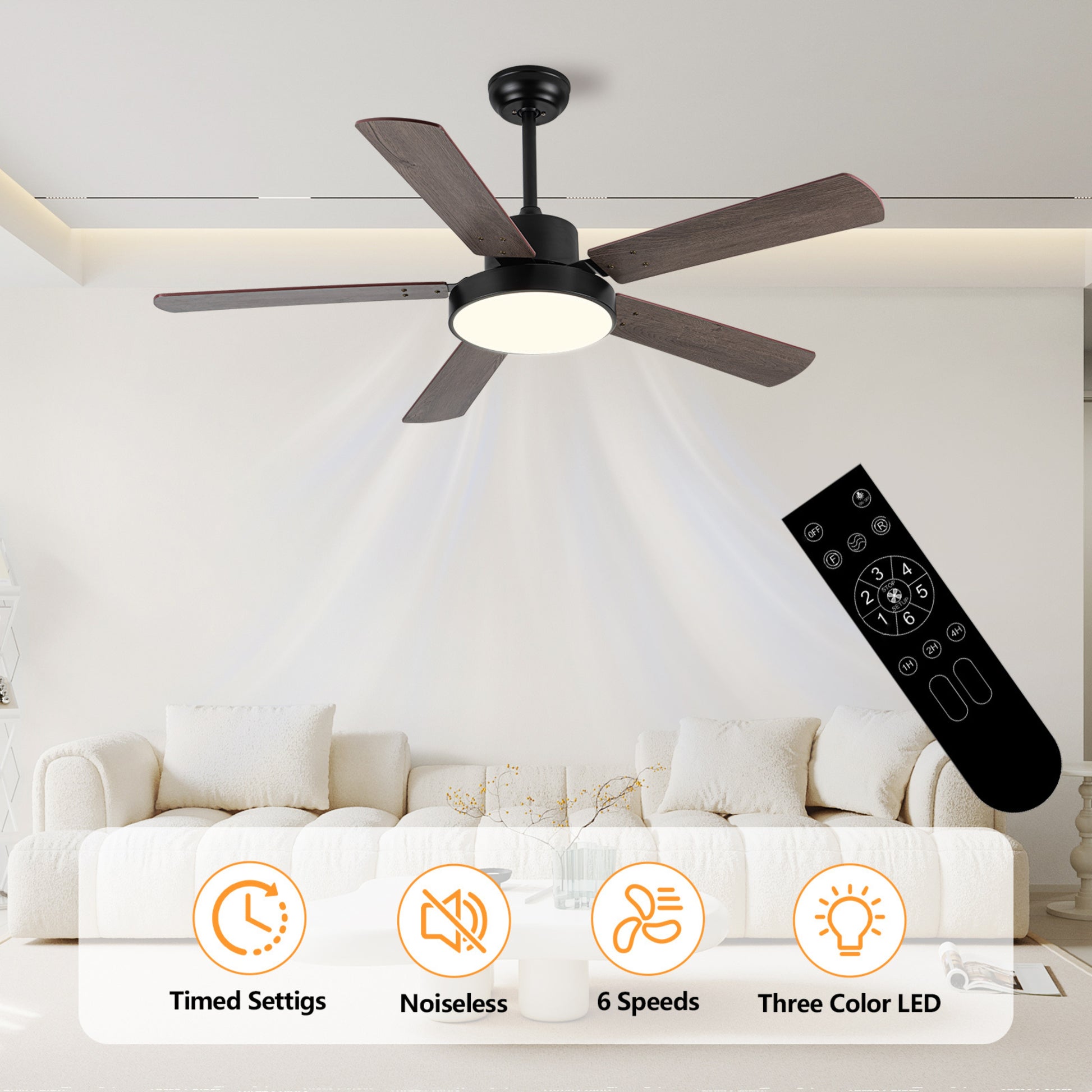 52 Inch Downrod Ceiling Fans With Lights And Remote Control, Modern Outdoor Indoor Wood And Dark 5 Blades Led Lights Smart Ceiling Fans For Bedroom, Living Room, And Patios Wood Wood Stainless Steel