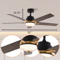 52 Inch Downrod Ceiling Fans With Lights And Remote Control, Modern Outdoor Indoor Black 5 Blades Led Lights Smart Ceiling Fans For Bedroom, Living Room, And Patios Set Of 2 Black Wood Stainless