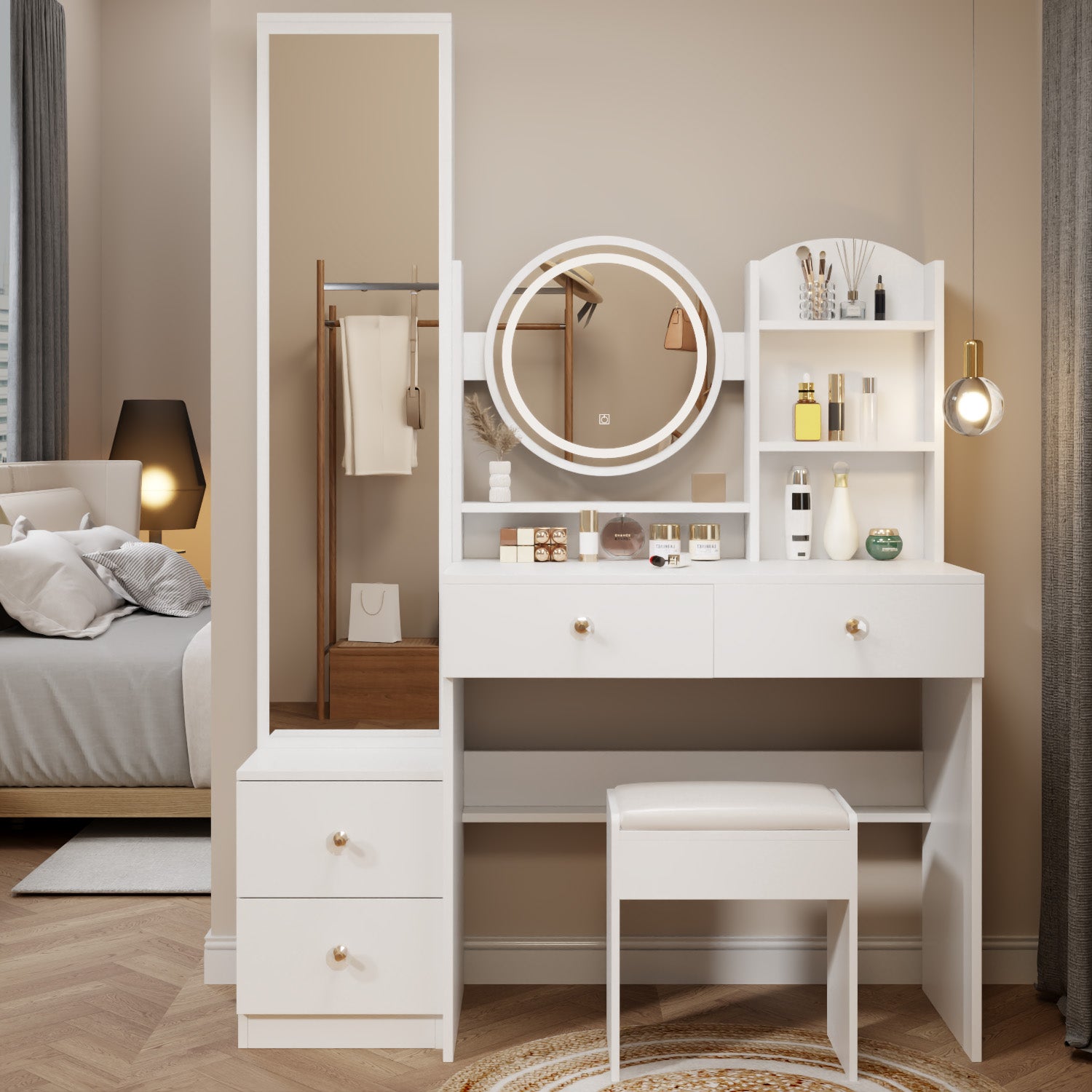 Full Body Mirror Cabinet Round Mirror Led Vanity Table Cushioned Stool, 17" Diameter Led Mirror, Touch Control, 3 Color, Brightness Adjustable, Large Desktop, Multi Layer High Capacity Storage White Mdf