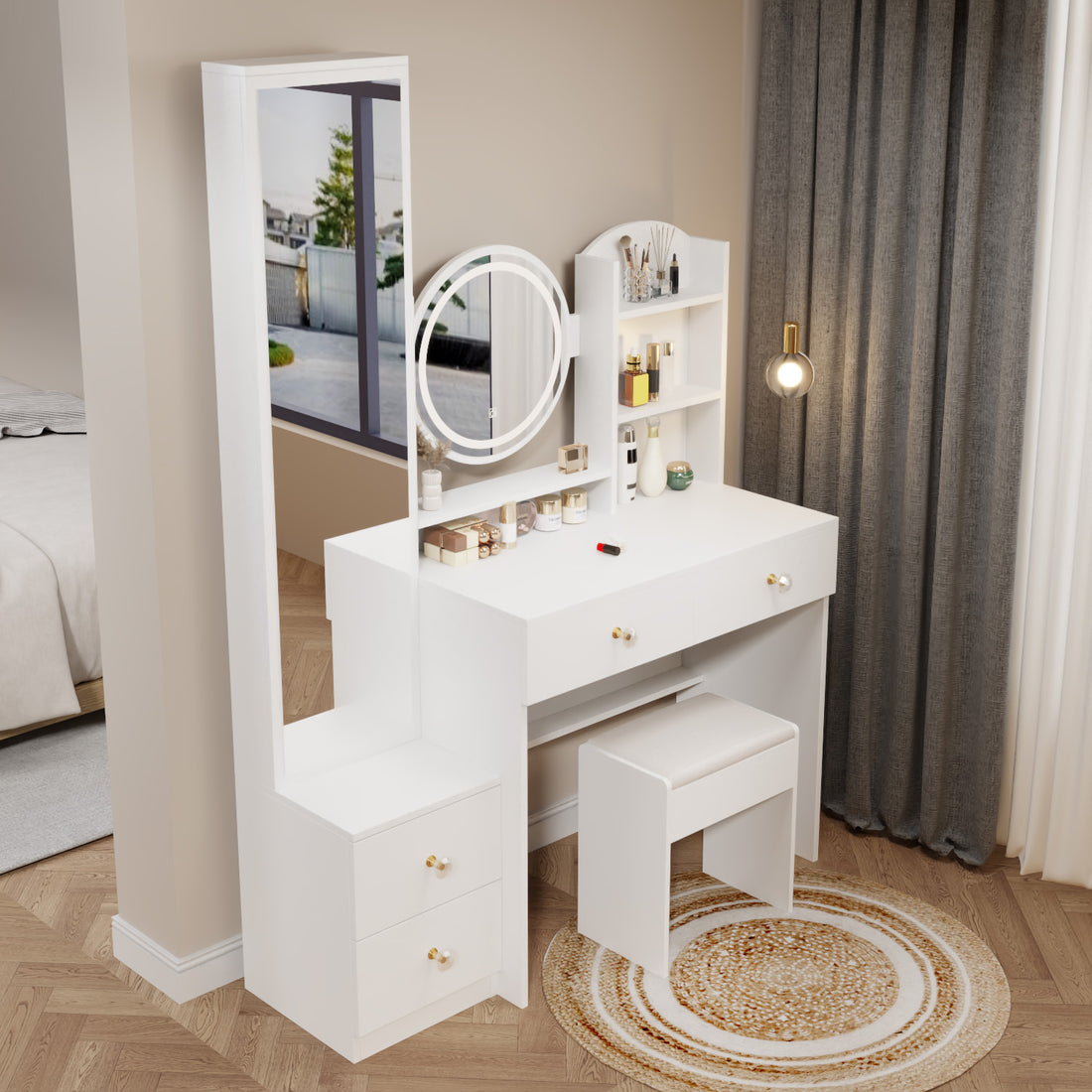 Full Body Mirror Cabinet Round Mirror Led Vanity Table Cushioned Stool, 17" Diameter Led Mirror, Touch Control, 3 Color, Brightness Adjustable, Large Desktop, Multi Layer High Capacity Storage White Mdf