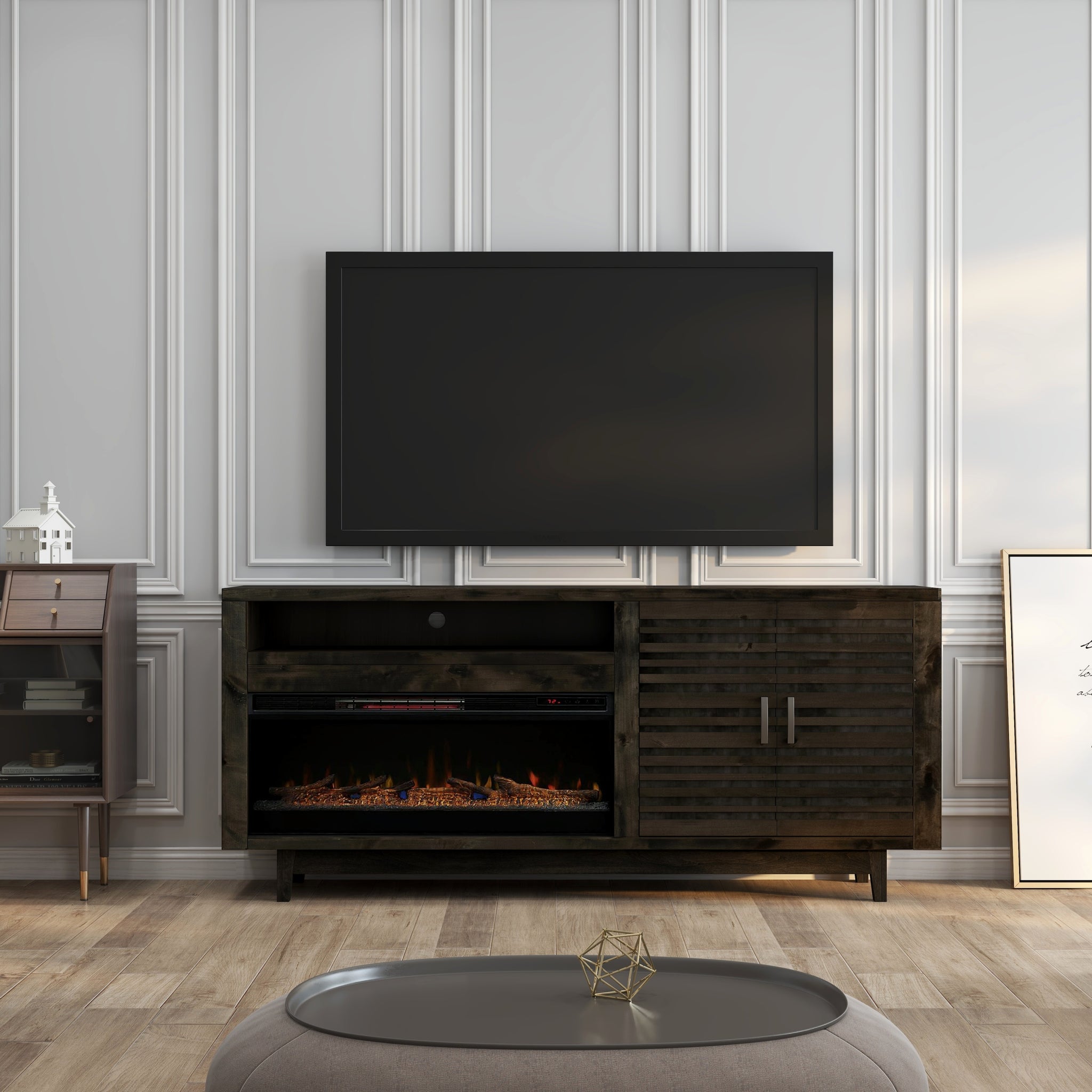 Avondale 83 Inch Electric Fireplace Tv Console, For Tvs Up To 95 Inches, Minimal Assembly, Charcoal Brown Finish Electric Gray Primary Living Space Alder Yes Insert Electric 41 50 No Grey 400 Vent Free Contemporary,Modern,Transitional Wood