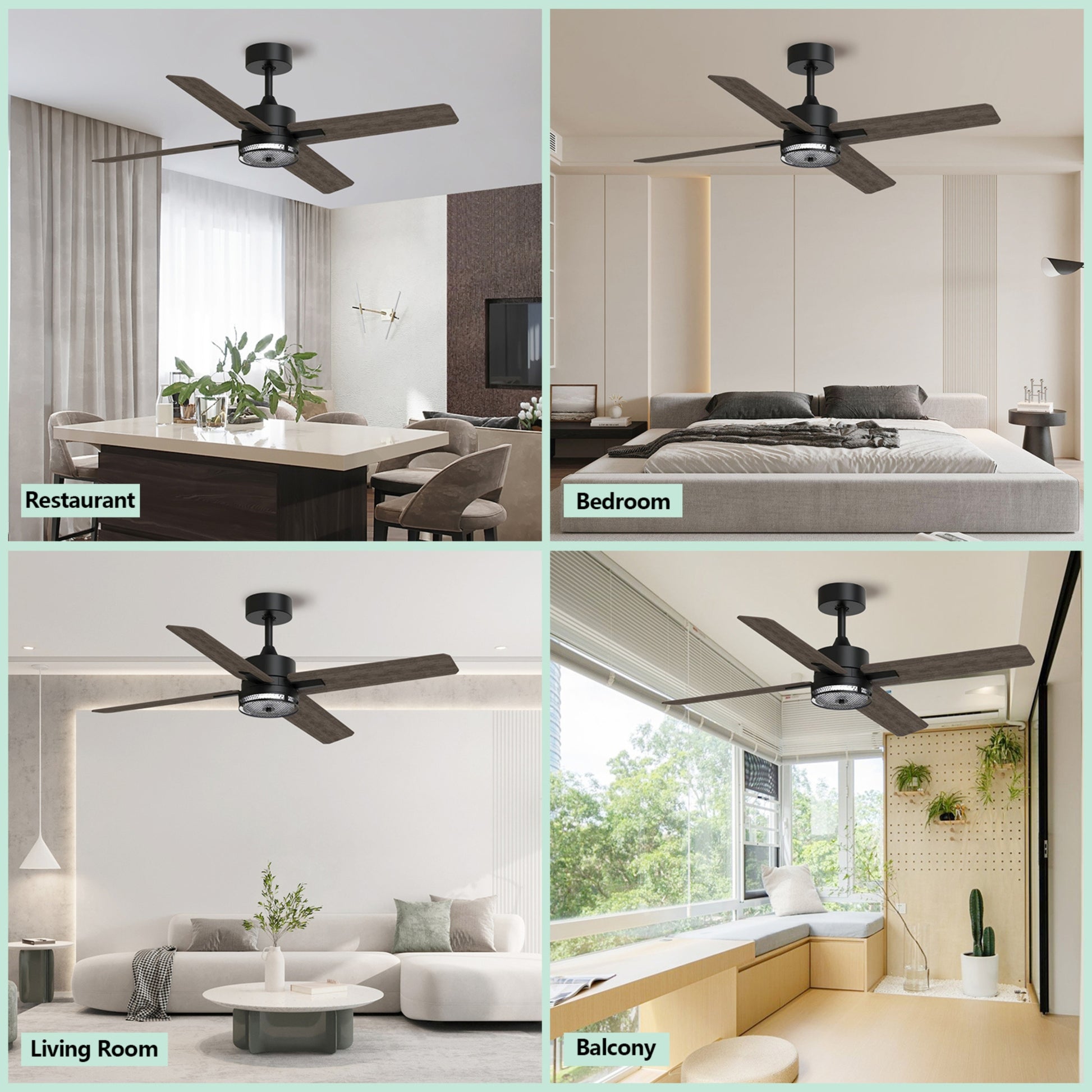 46 Inch Downrod Ceiling Fans With Lights And Remote Control, Modern Outdoor Indoor Dark 4 Blades Led Lights Smart Ceiling Fans For Bedroom, Living Room, And Patios Brown Black Wood Stainless Steel