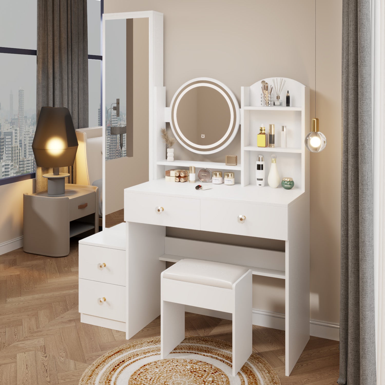 Full Body Mirror Cabinet Round Mirror Led Vanity Table Cushioned Stool, 17" Diameter Led Mirror, Touch Control, 3 Color, Brightness Adjustable, Large Desktop, Multi Layer High Capacity Storage White Mdf