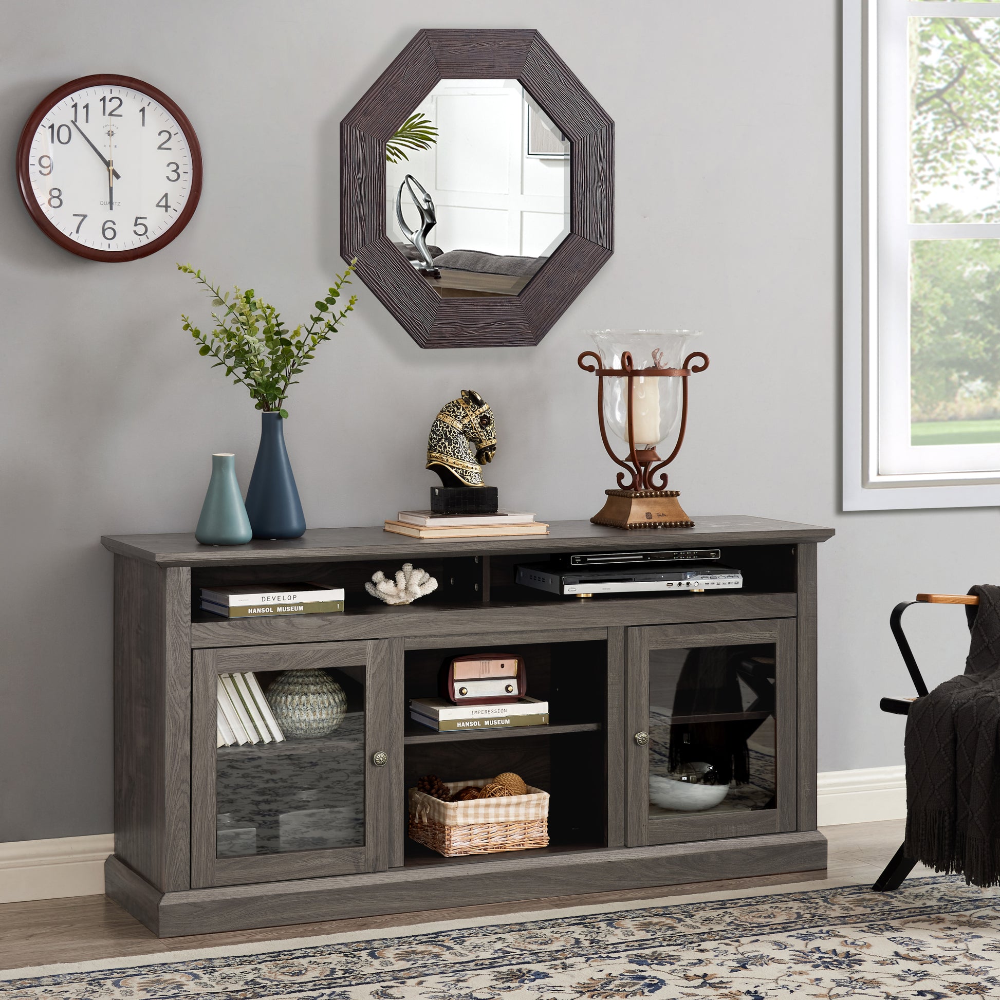 Contemporary Tv Media Stand Modern Entertainment Console For Tv Up To 65" With Open And Closed Storage Space, Dark Walnut Black, 60"W*15.75"D*29"H Black Dark Walnut Primary Living Space 60 69 Inches 60 69 Inches 65 Inches Mdf