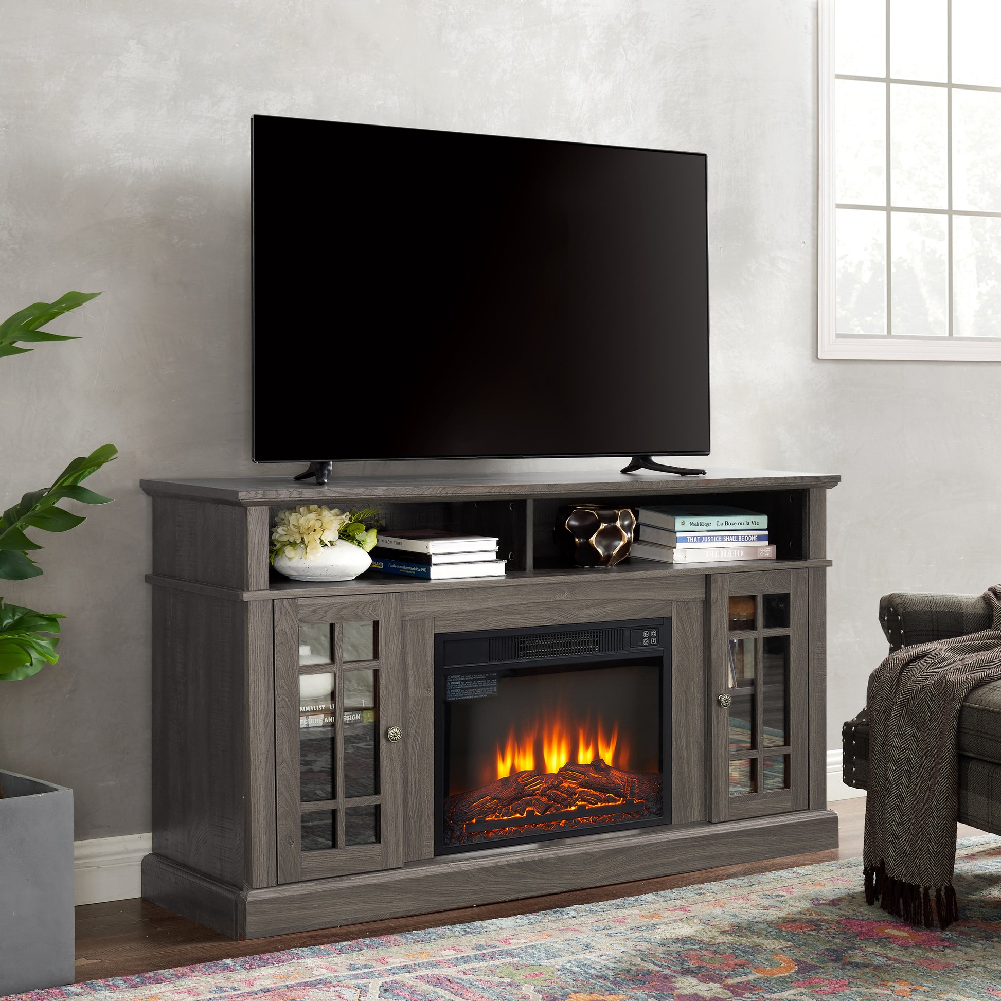 Classic Tv Media Stand Modern Entertainment Console With 23" Fireplace Insert For Tv Up To 65" With Open And Closed Storage Space, Dark Walnut Black, 58.25"W*15.75"D*32"H Black Dark Walnut Primary Living Space 60 69 Inches 60 69 Inches 65 Inches Mdf