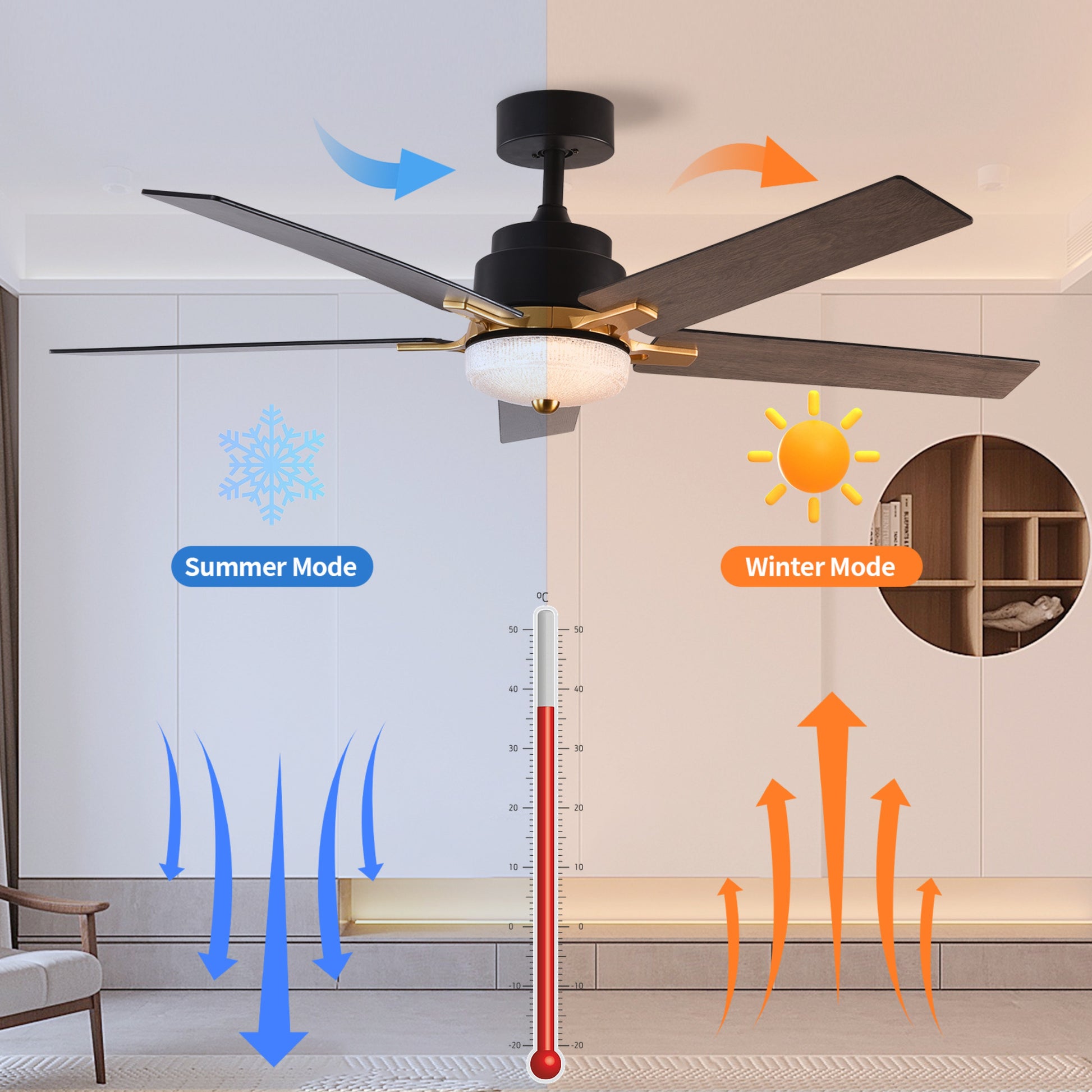 52 Inch Downrod Ceiling Fans With Lights And Remote Control, Modern Outdoor Indoor Black 5 Blades Led Lights Smart Ceiling Fans For Bedroom, Living Room, And Patios Set Of 2 Black Wood Stainless