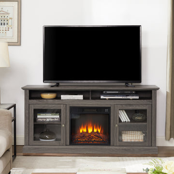 Contemporary Tv Media Stand Modern Entertainment Console With 18" Fireplace Insert For Tv Up To 65" With Open And Closed Storage Space, Dark Walnut Black, 60"W*15.75"D*29"H Black Dark Walnut Primary Living Space 60 69 Inches 60 69 Inches 65 Inches Mdf