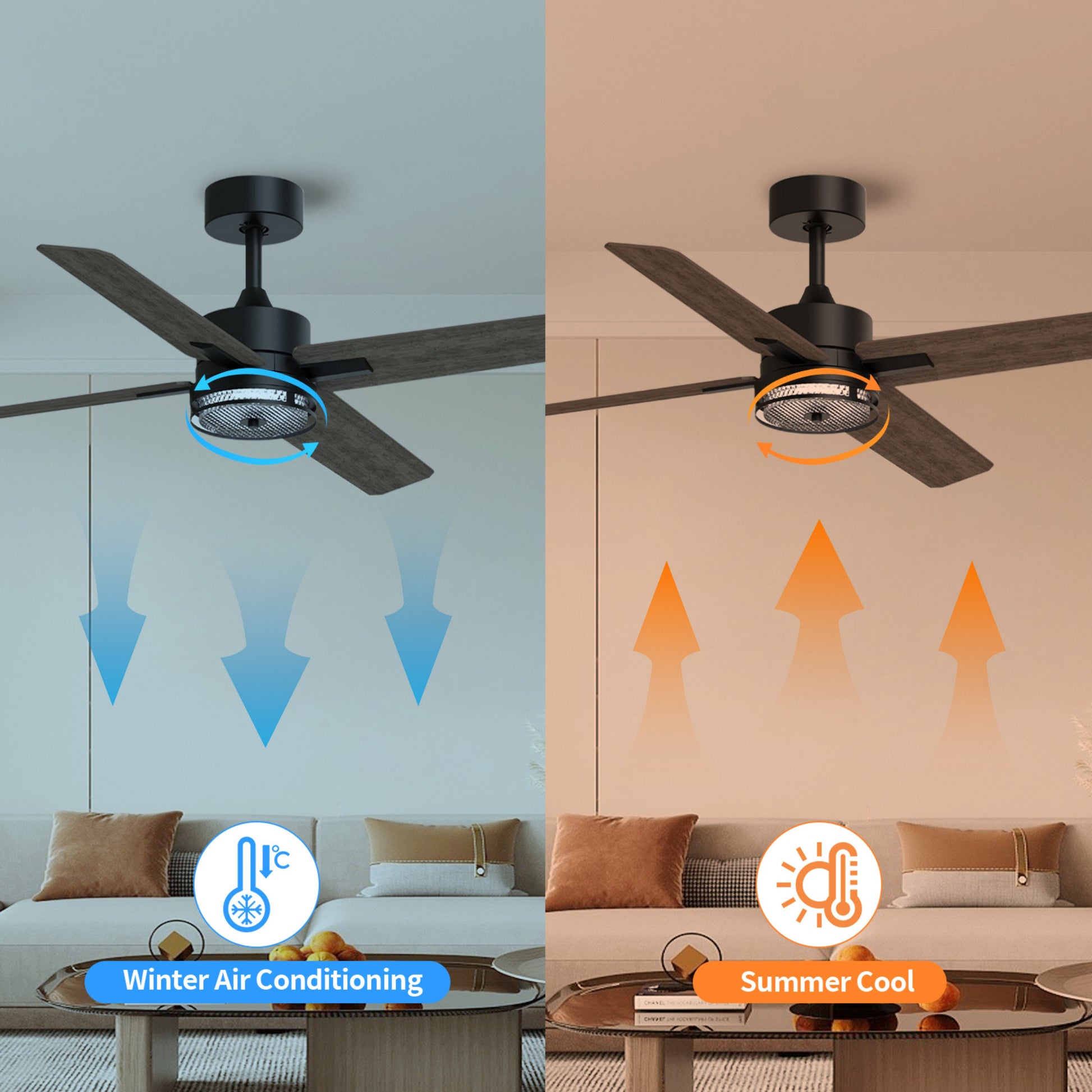 46 Inch Downrod Ceiling Fans With Lights And Remote Control, Modern Outdoor Indoor Dark 4 Blades Led Lights Smart Ceiling Fans For Bedroom, Living Room, And Patios Set Of 2 Brown Black Wood