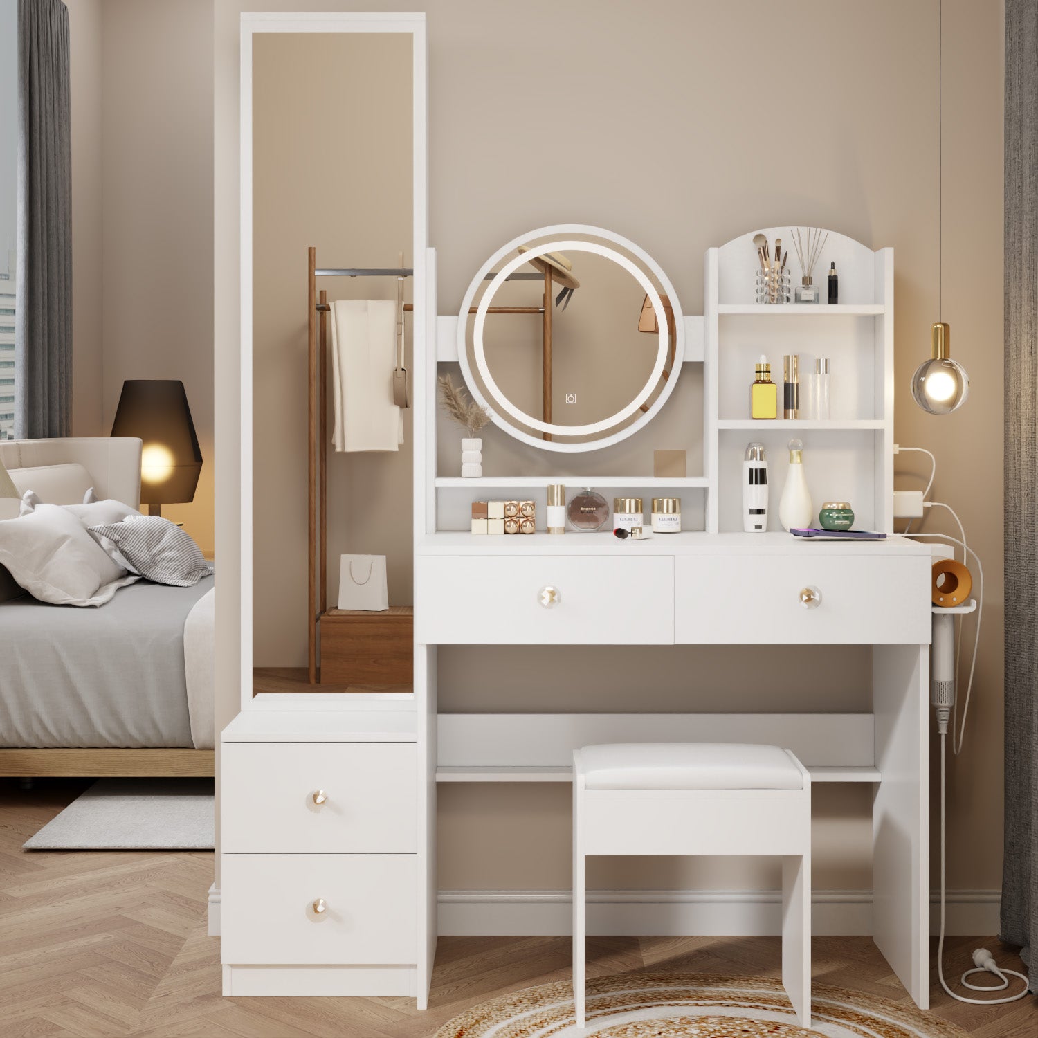 Full Body Mirror Cabinet Round Mirror Led Vanity Table Cushioned Stool, With 2 Ac 2 Usb Power Station,17" Diameter Led Mirror, Touch Control, 3 Color, Brightness Adjustable, Large Desktop White Mdf