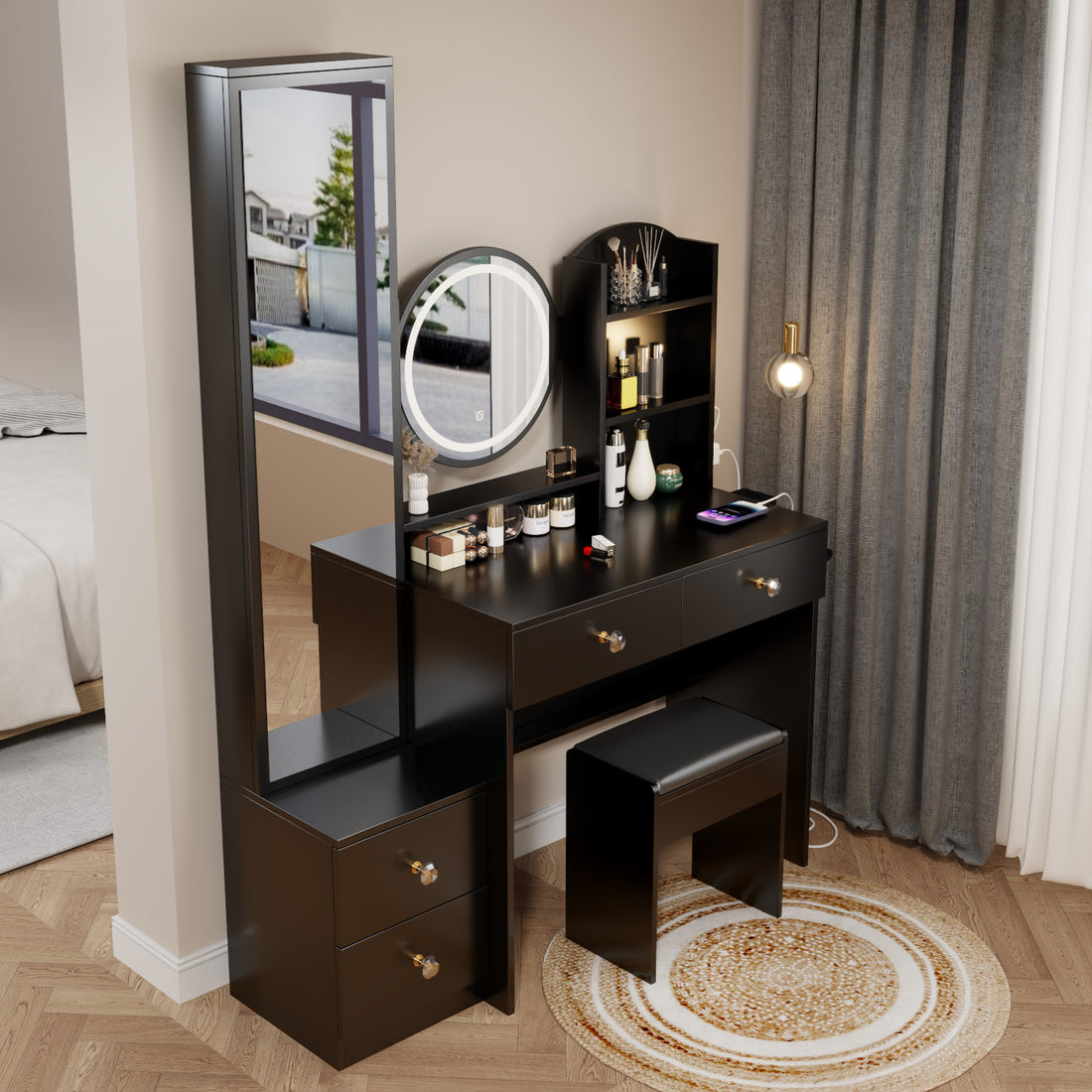 Full Body Mirror Cabinet Round Mirror Led Vanity Table Cushioned Stool, With 2 Ac 2 Usb Power Station,17" Diameter Led Mirror, Touch Control, 3 Color, Brightness Adjustable, Large Desktop Black Mdf