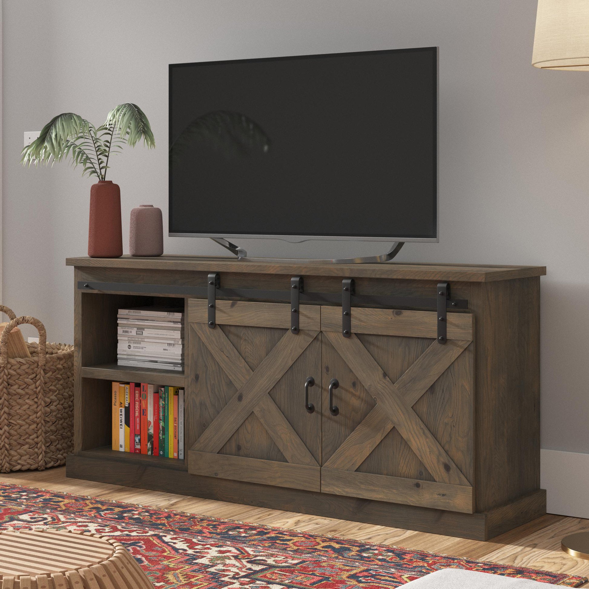 Farmhouse 66 Inch Tv Stand Console For Tvs Up To 80 Inches, No Assembly Required, Barnwood Finish Brown Brown Primary Living Space 60 69 Inches 80 89 Inches Farmhouse,Lodge,Rustic Alder 80 Inches Wood