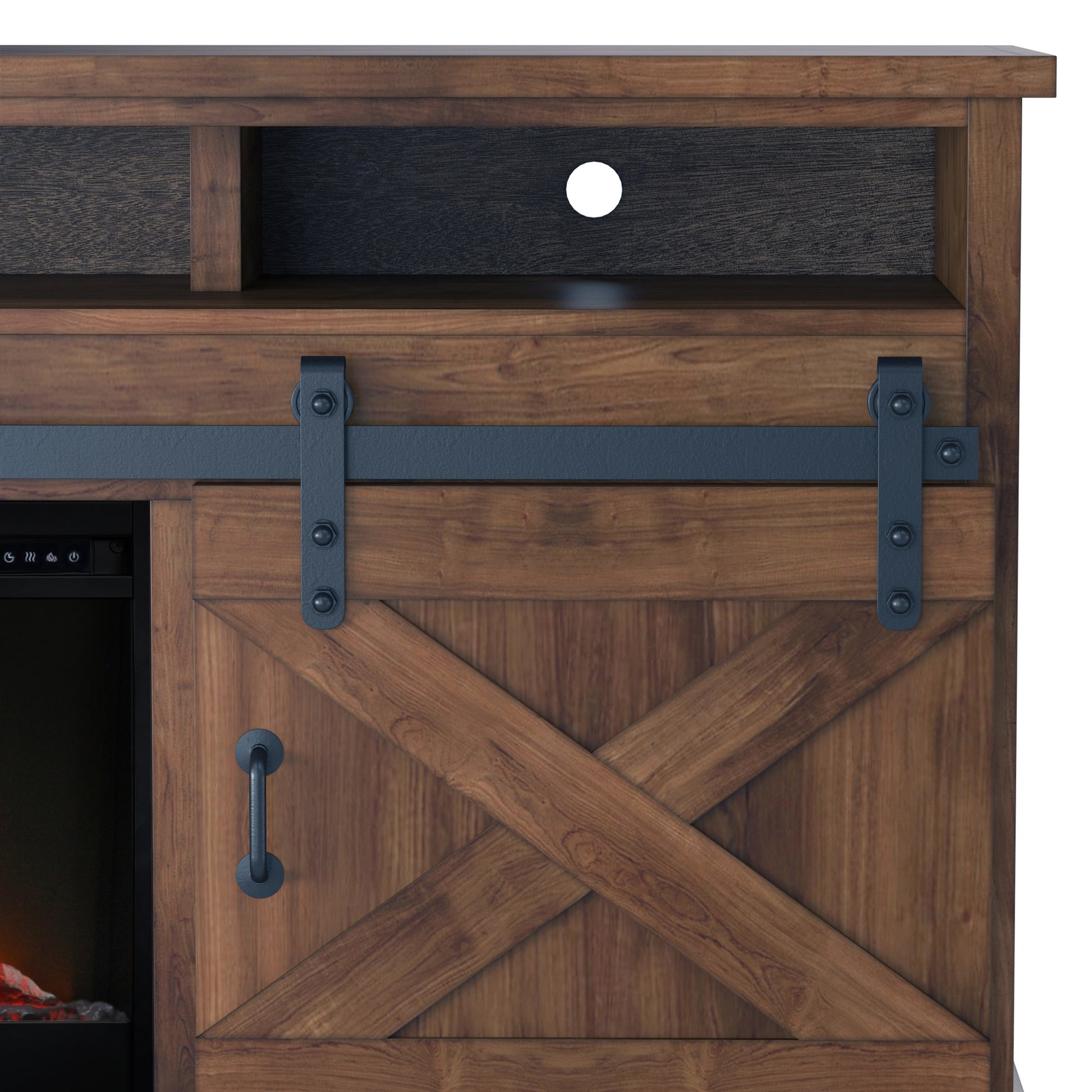 Farmhouse 93 Inch Electric Fireplace Tv Stand For Tvs Up To 100 Inches, Minimal Assembly, Aged Whiskey Finish Electric Brown Primary Living Space Alder Yes Insert Electric 41 50 Yes Brown 400 Vent Free Farmhouse,Lodge,Rustic Wood