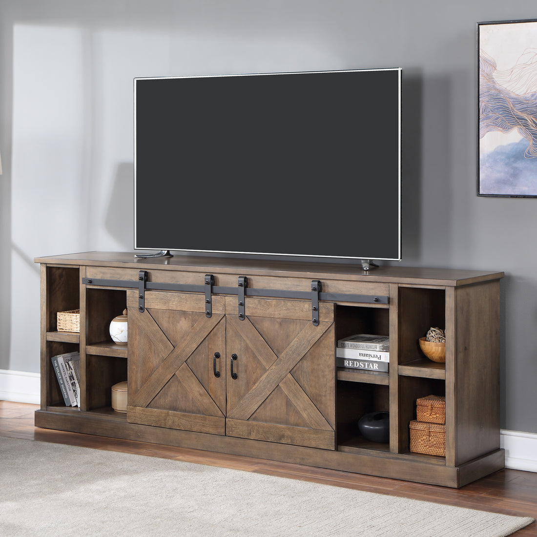 Farmhouse 85 Inch Tv Stand Console For Tvs Up To 95 Inches, No Assembly Required, Barnwood Finish Brown Brown Primary Living Space 80 89 Inches 90 Inches Or Larger Farmhouse,Lodge,Rustic Alder 85 Inches Wood