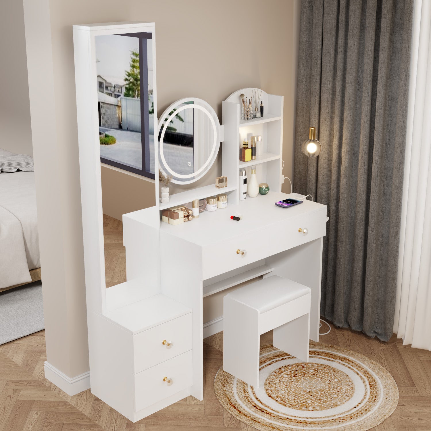 Full Body Mirror Cabinet Round Mirror Led Vanity Table Cushioned Stool, With 2 Ac 2 Usb Power Station,17" Diameter Led Mirror, Touch Control, 3 Color, Brightness Adjustable, Large Desktop White Mdf