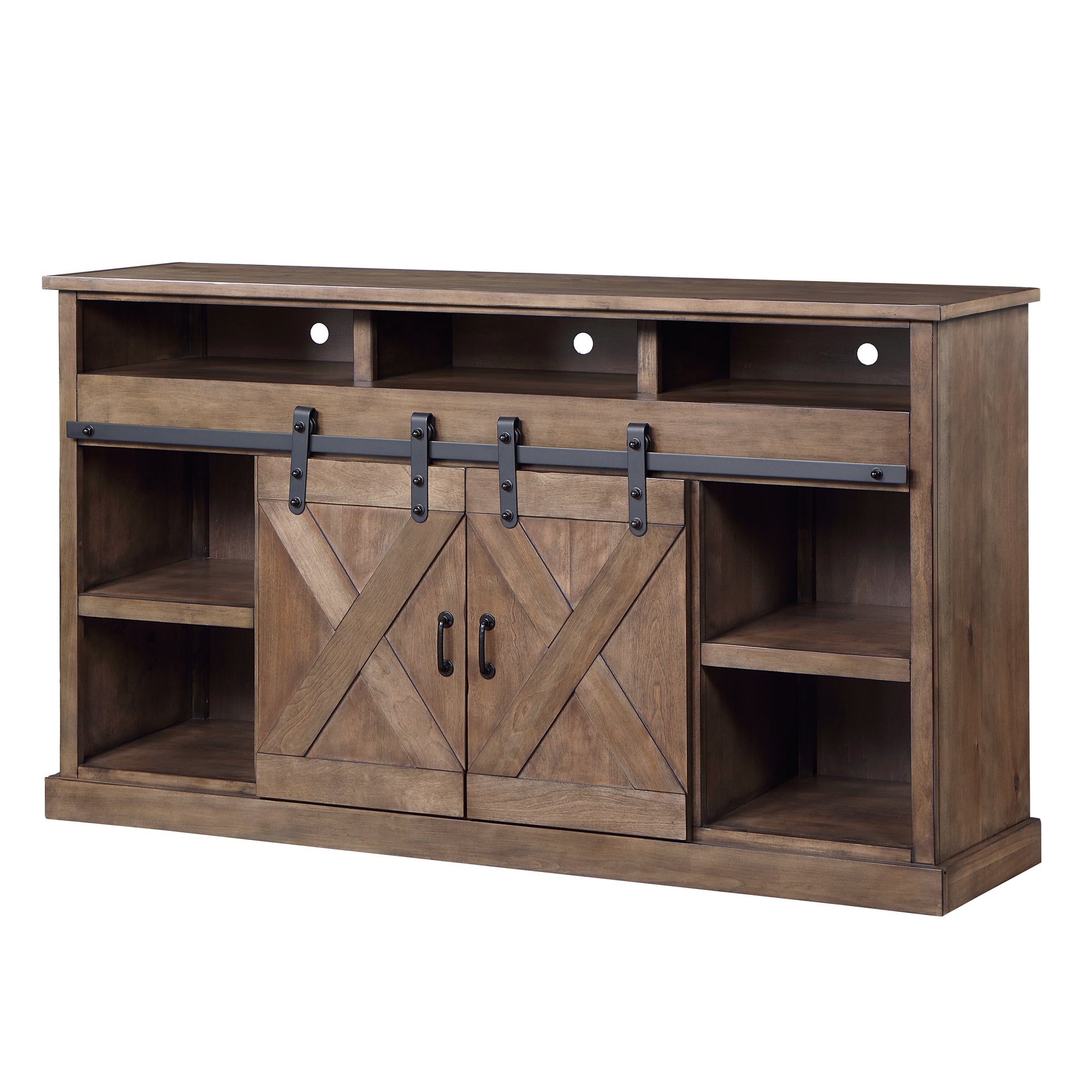Farmhouse 66 Inch Electric Fireplace Tv Stand For Tvs Up To 80 Inches, Minimal Assembly, Barnwood Finish Electric Brown Primary Living Space Alder Yes Insert Electric Up To 40 No Brown 400 Vent Free Farmhouse,Lodge,Rustic Wood