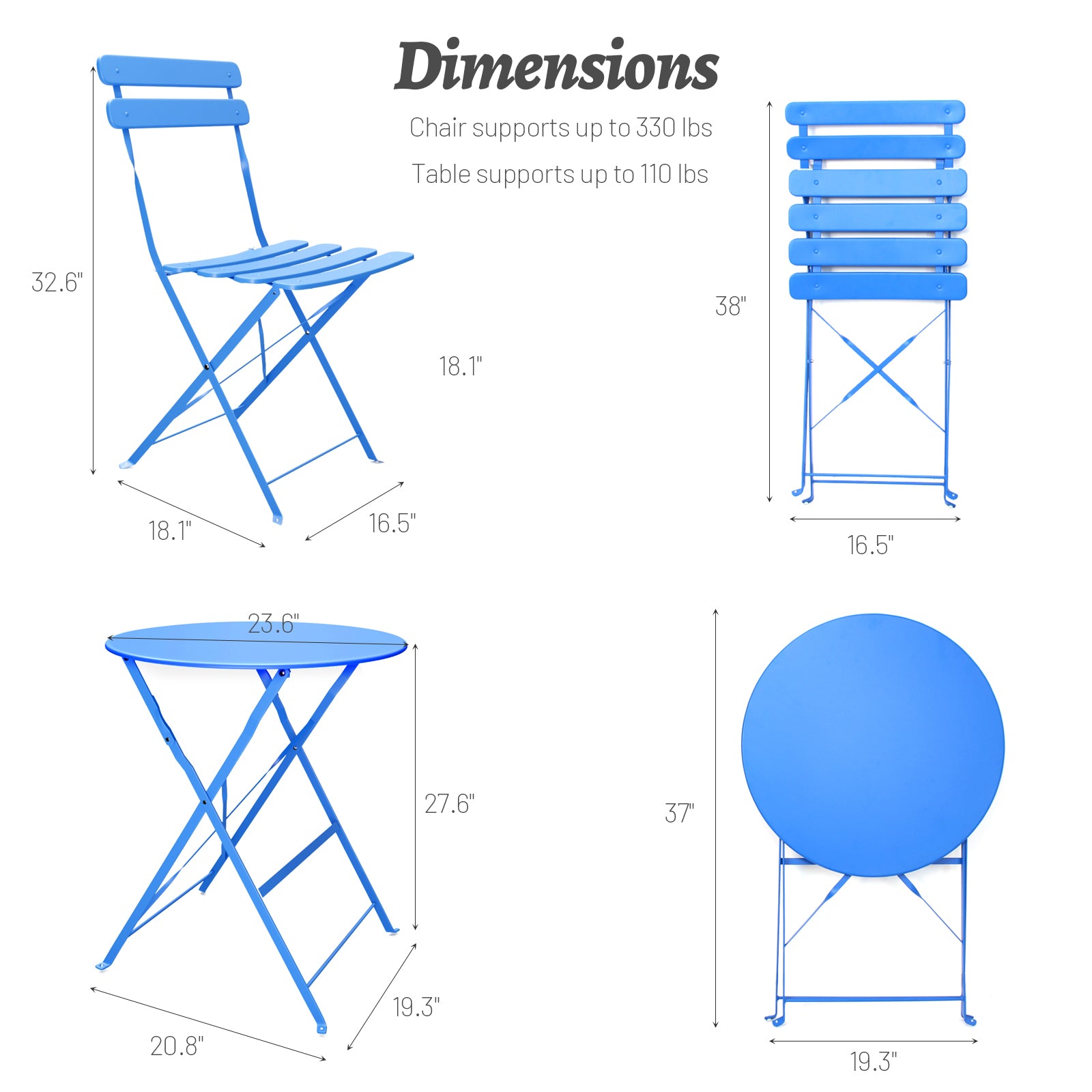 3 Pieces Patio Bistro Balcony Metail Chair Table Set Blue Yes Blue Rust Resistant Frame Fade Resistant Cushion Foam Metal