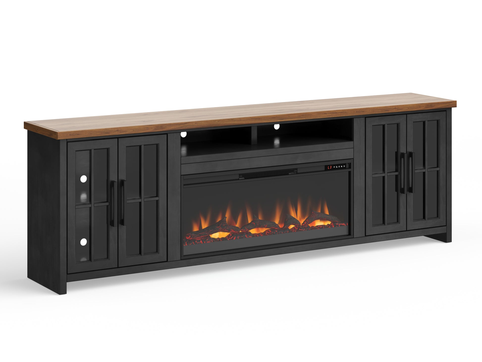 Essex 97 Inch Fireplace Tv Stand Console For Tvs Up To 100 Inches, Minimal Assembly, Black And Whiskey Finish 41 50 Electric No Black 400 Vent Free Primary Living Space Coastal,Farmhouse Poplar Yes Insert Wood Electric